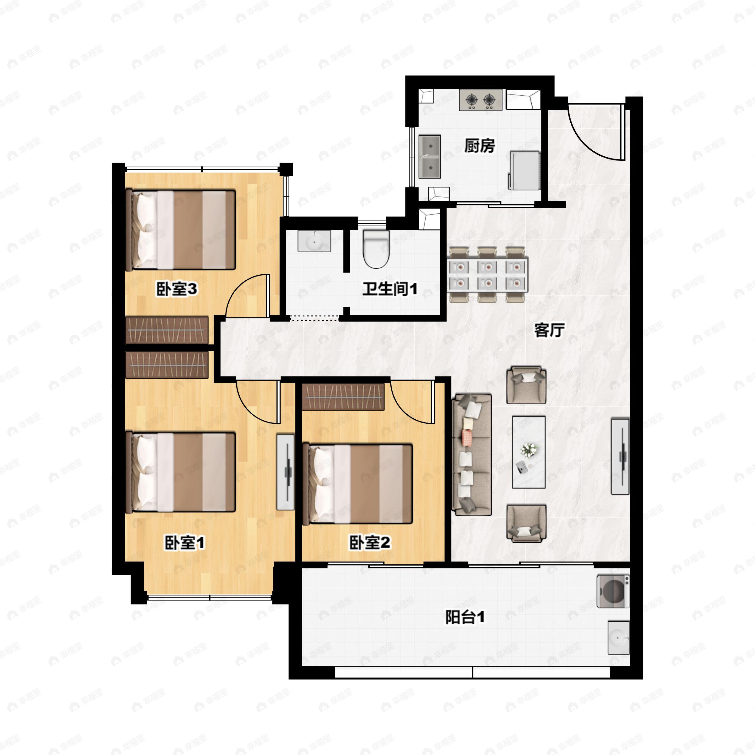 3室2厅1卫建面108平户型图
