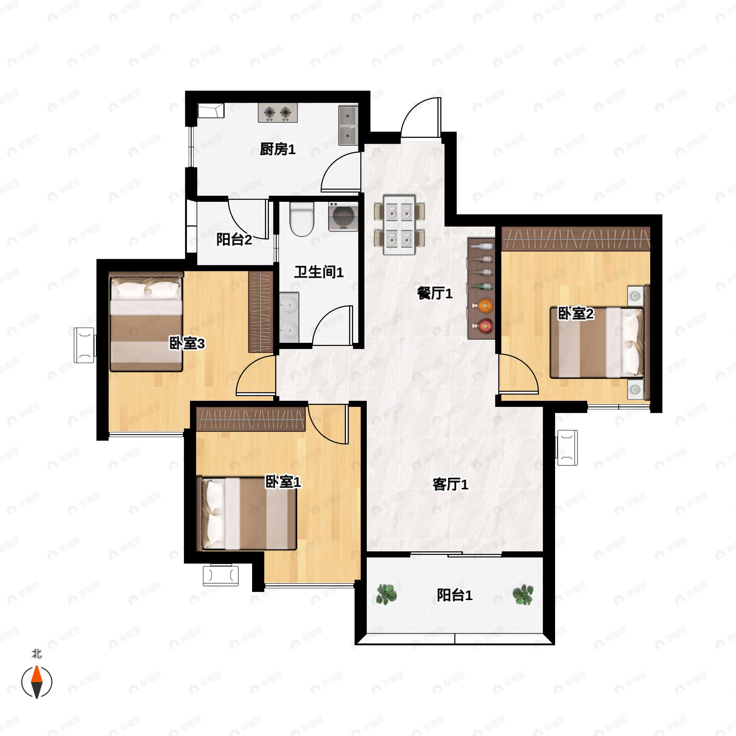 3室2厅1卫建面95平东南户型图