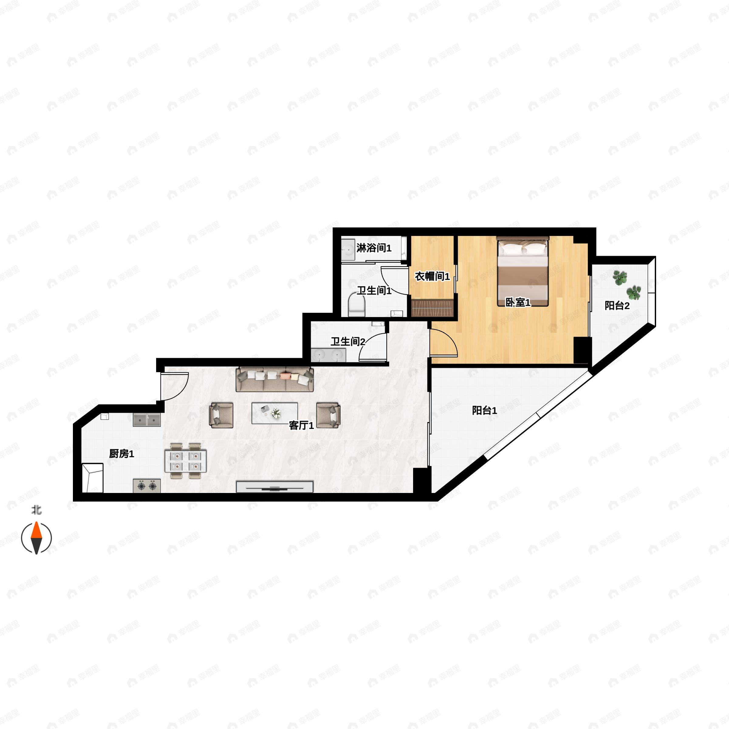 1室2厅2卫建面105平户型图