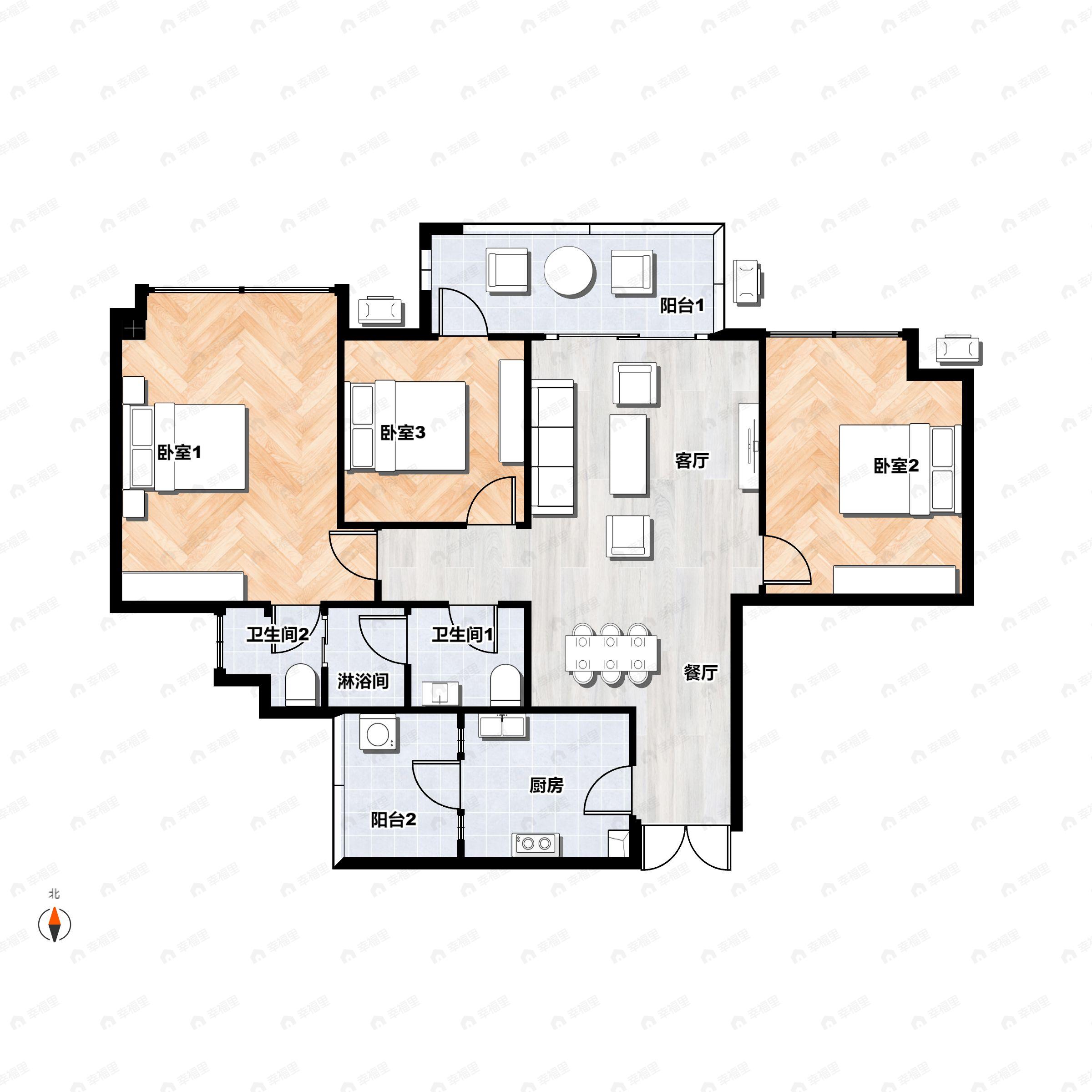 3室2厅2卫建面103平南|北户型图