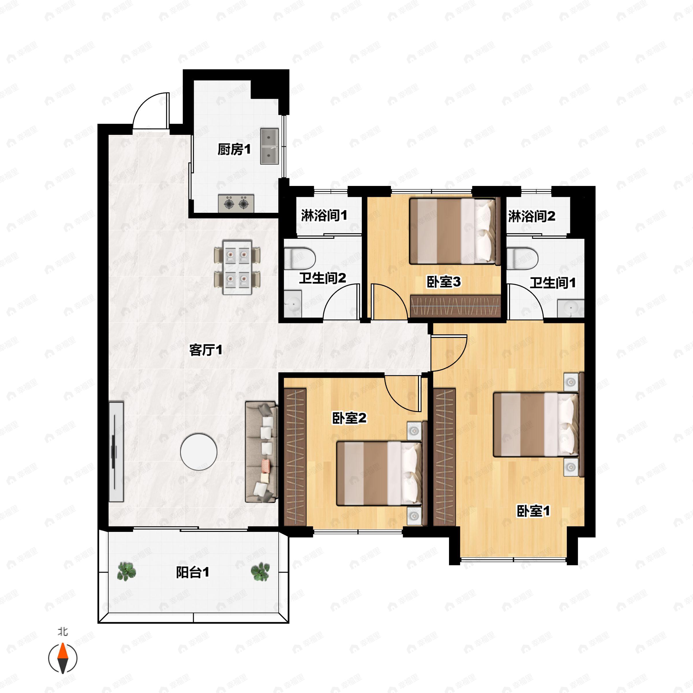 3室2厅2卫建面108m²南户型图