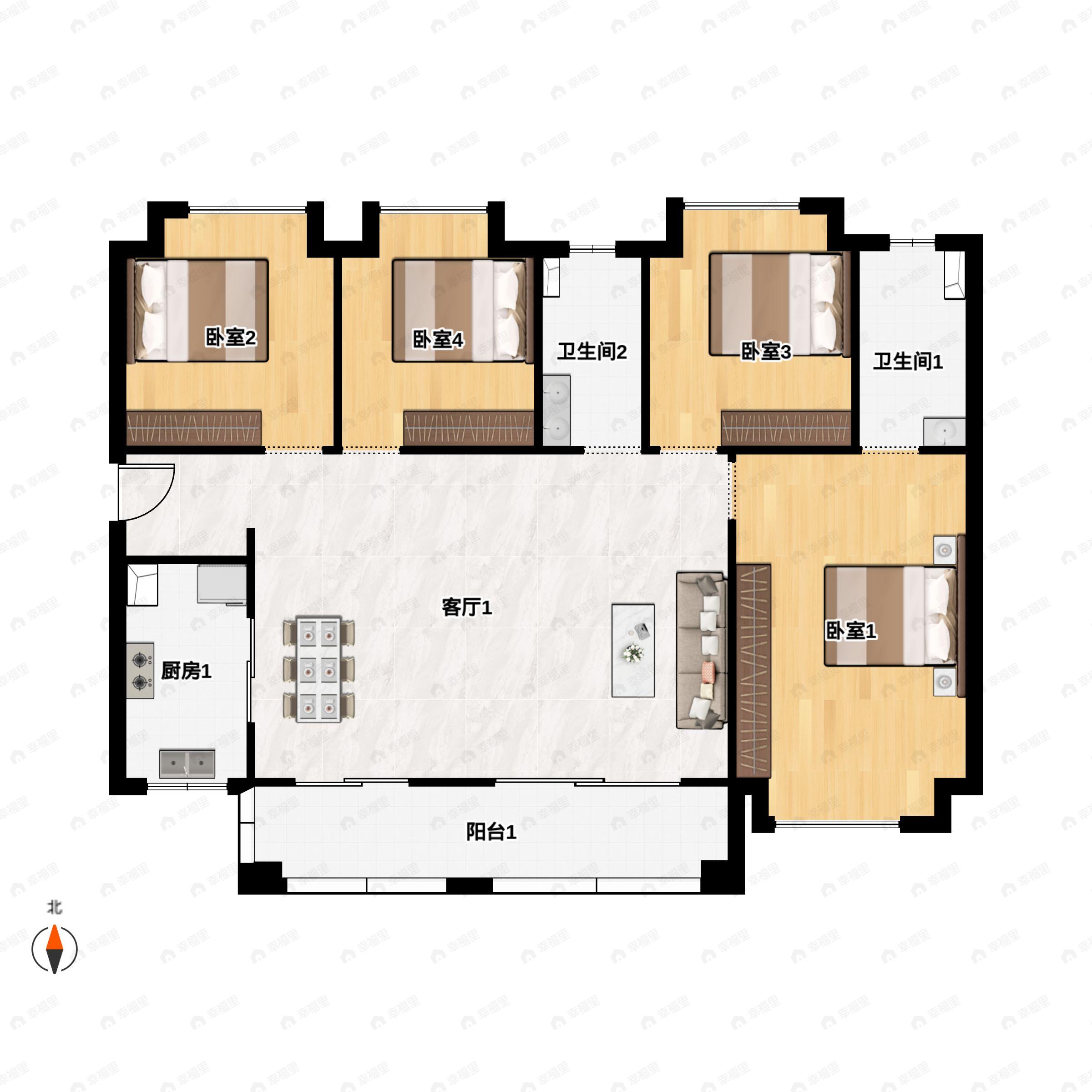 4室2厅2卫建面136平南户型图