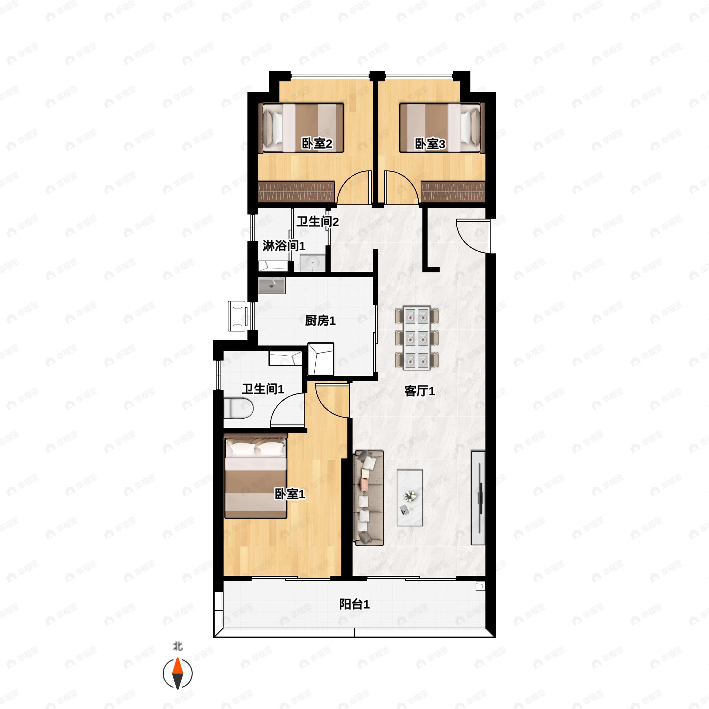 3室2厅2卫建面122m²南户型图