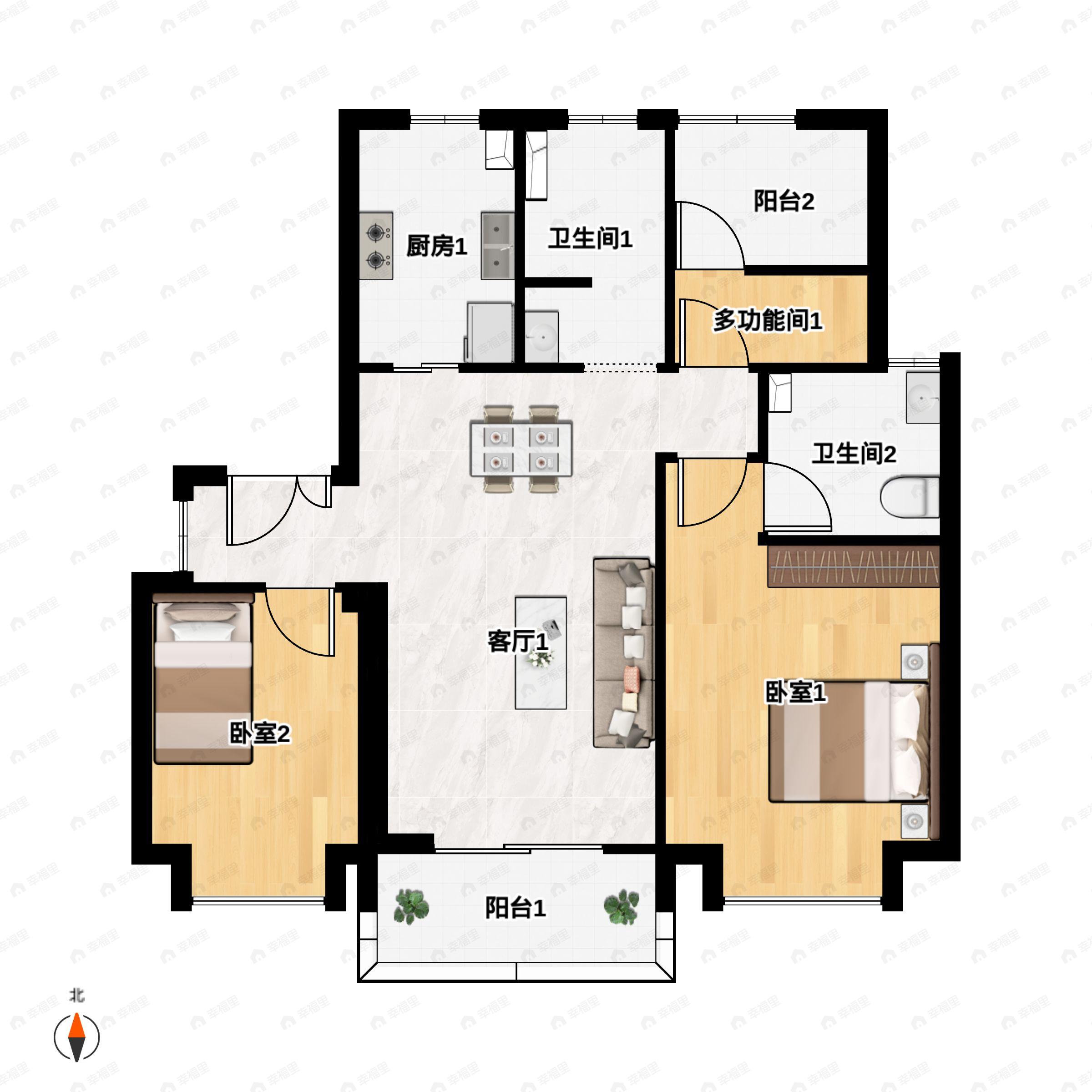 3室2厅2卫建面89平南|北户型图