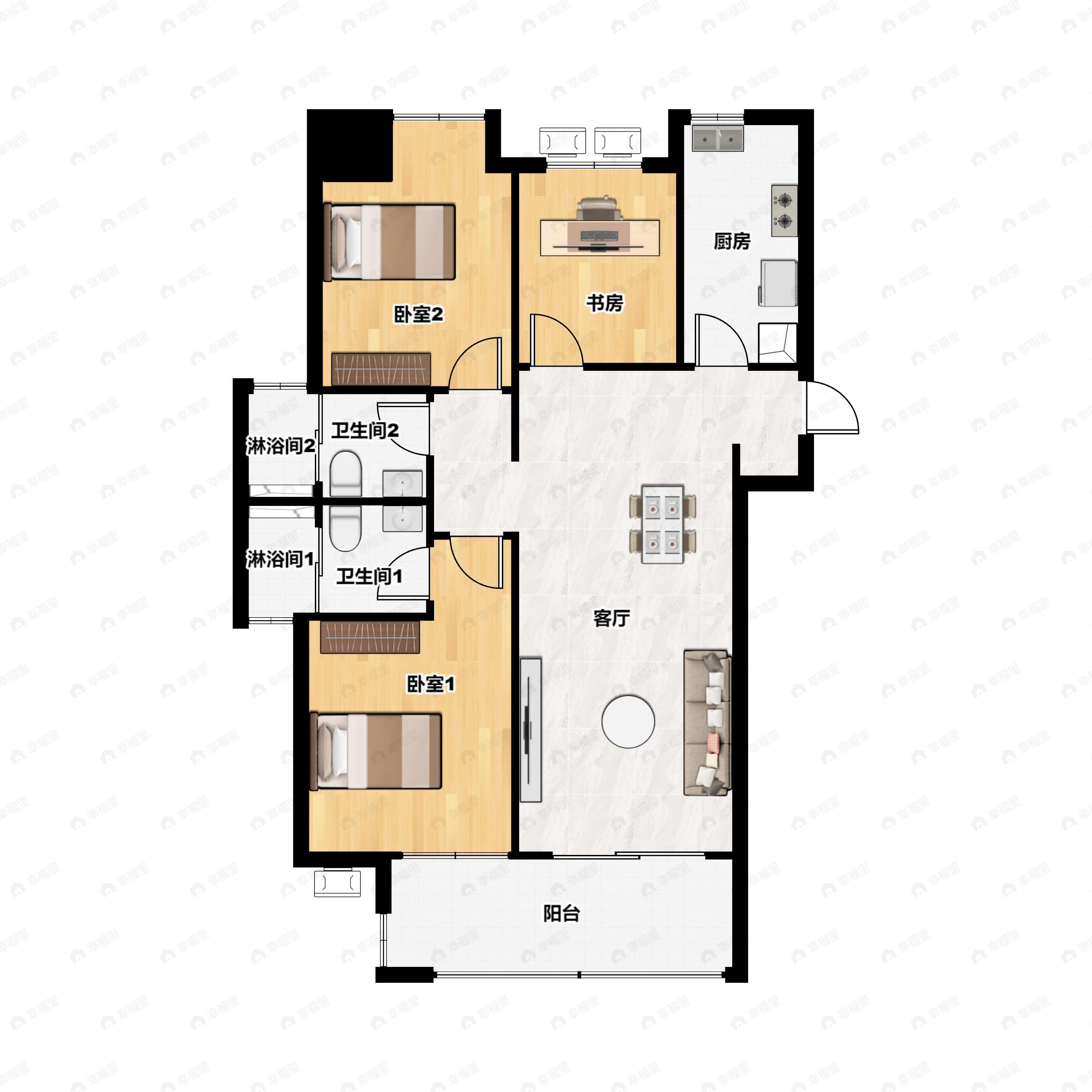 3室2厅2卫建面121m²南户型图