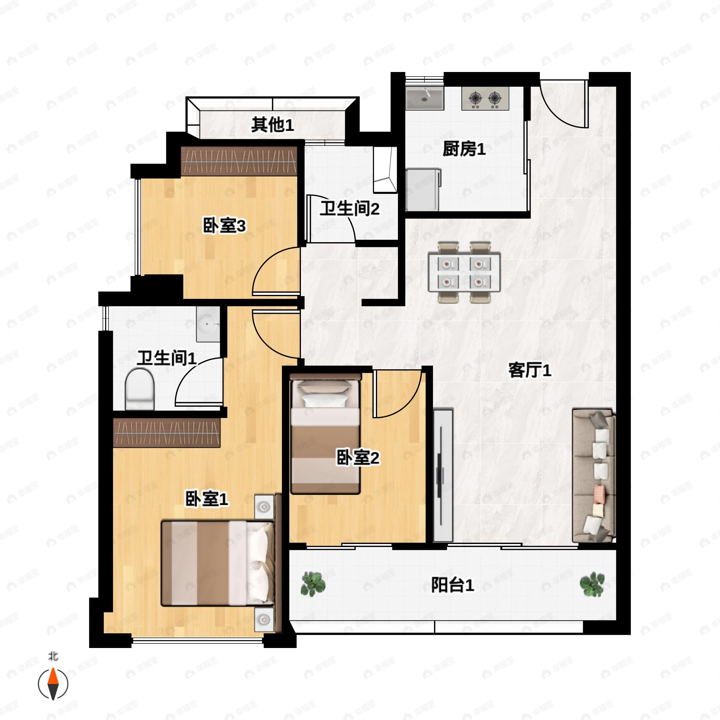 3室2厅2卫建面95平户型图