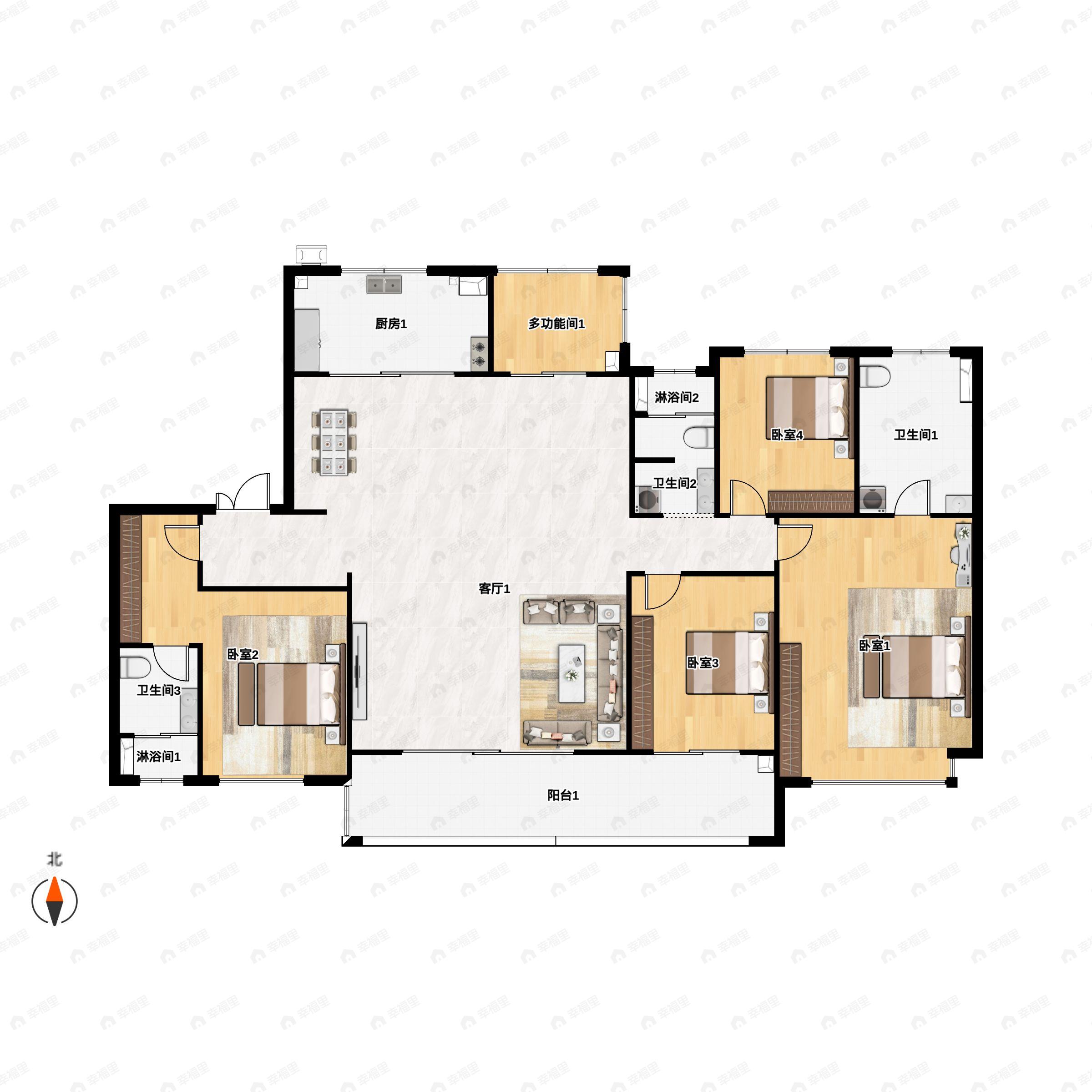 4室2厅3卫建面188m²南户型图