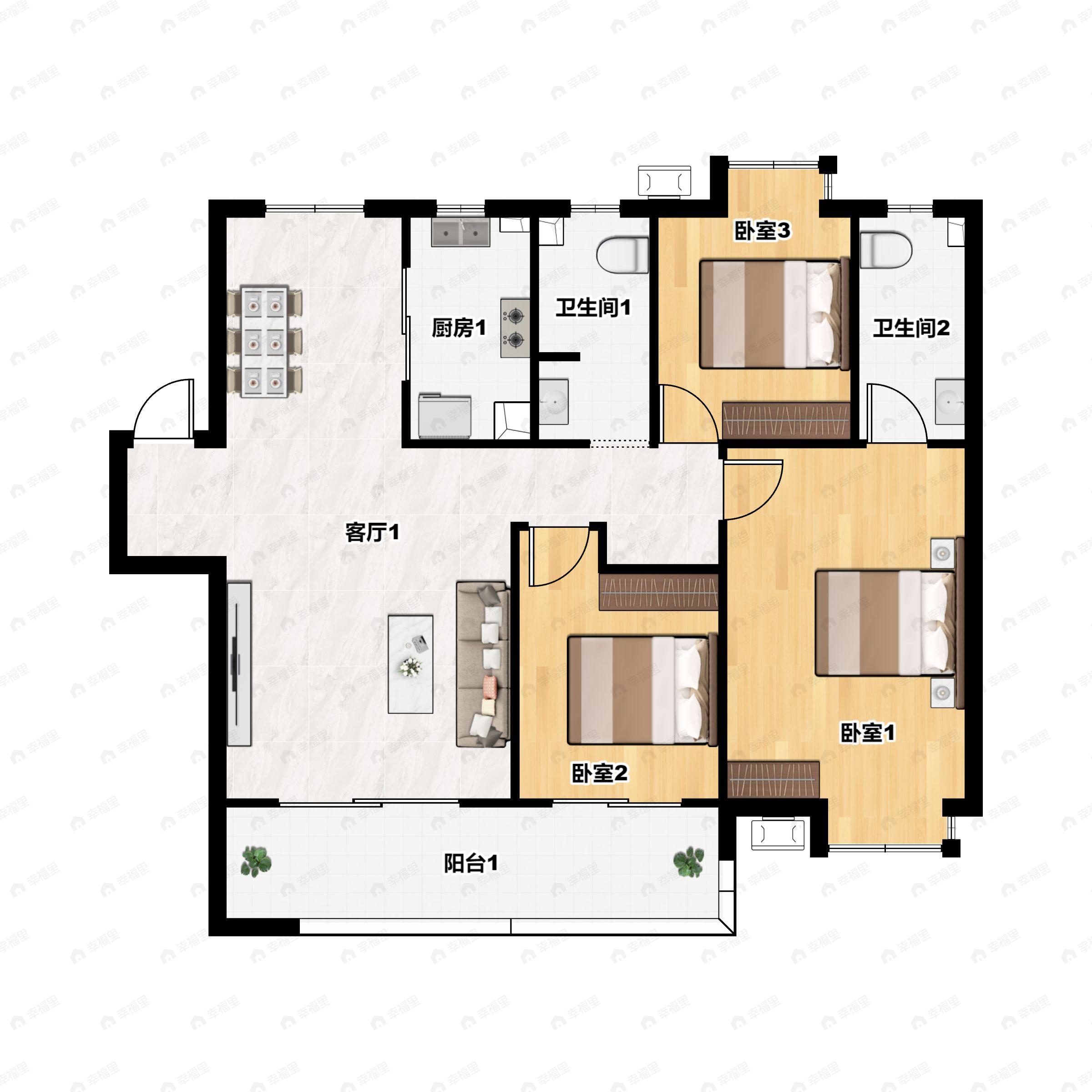 3室2厅2卫建面127m²南户型图