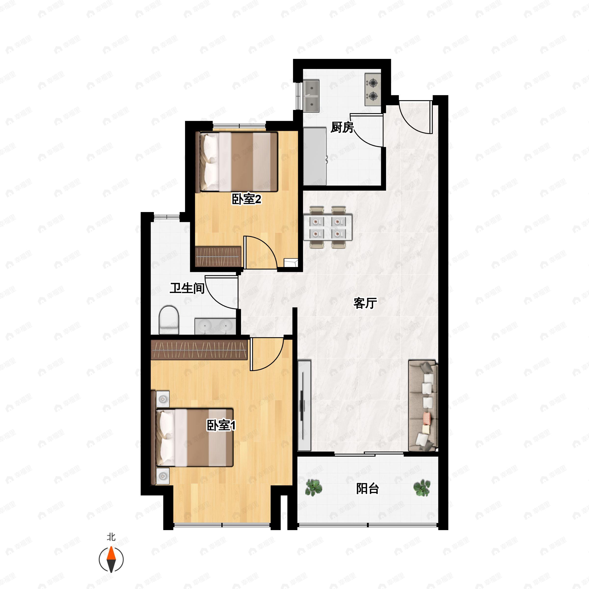 2室2厅1卫建面75m²南户型图