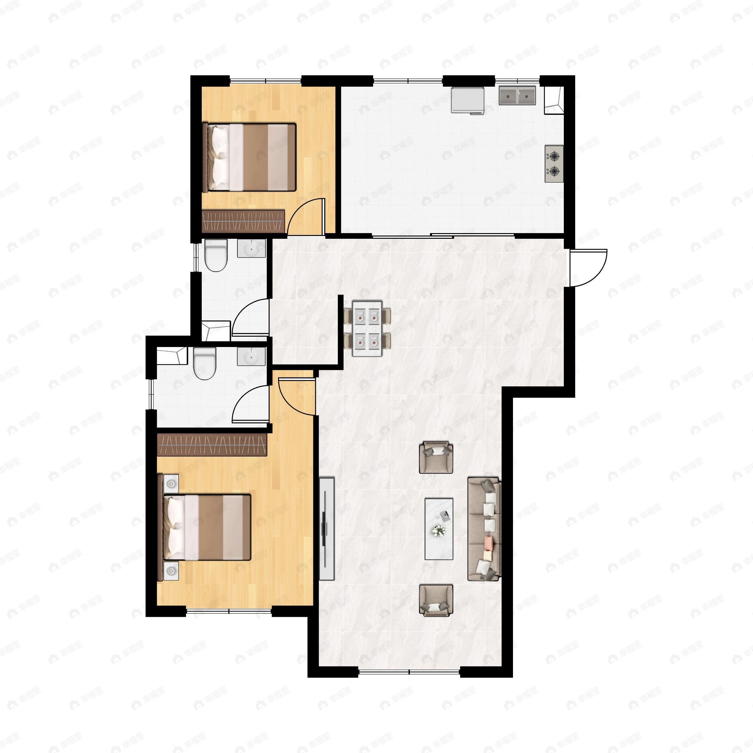 2室2厅2卫建面117m²南户型图
