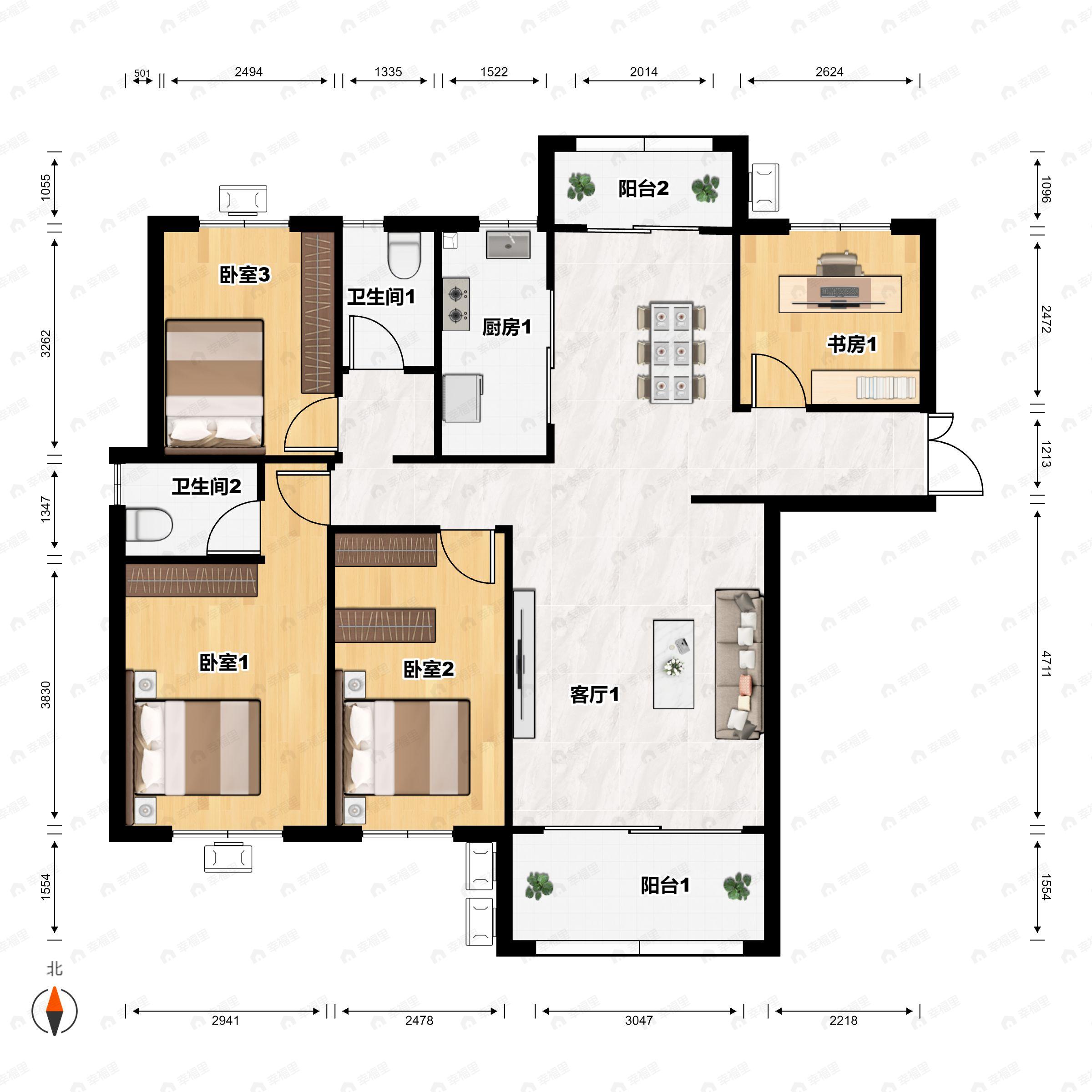 4室2厅2卫建面136平南户型图