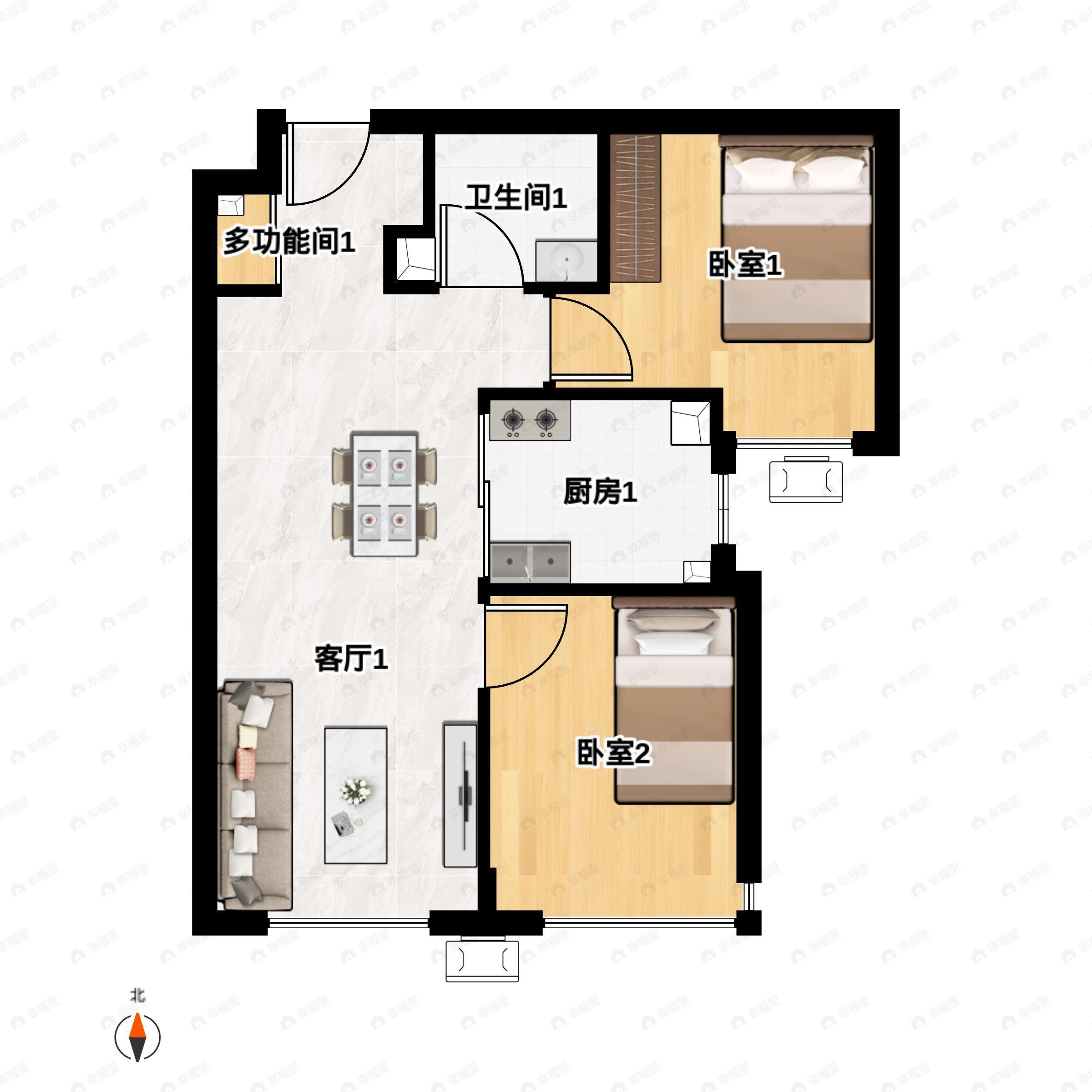 2室2厅1卫建面74平户型图
