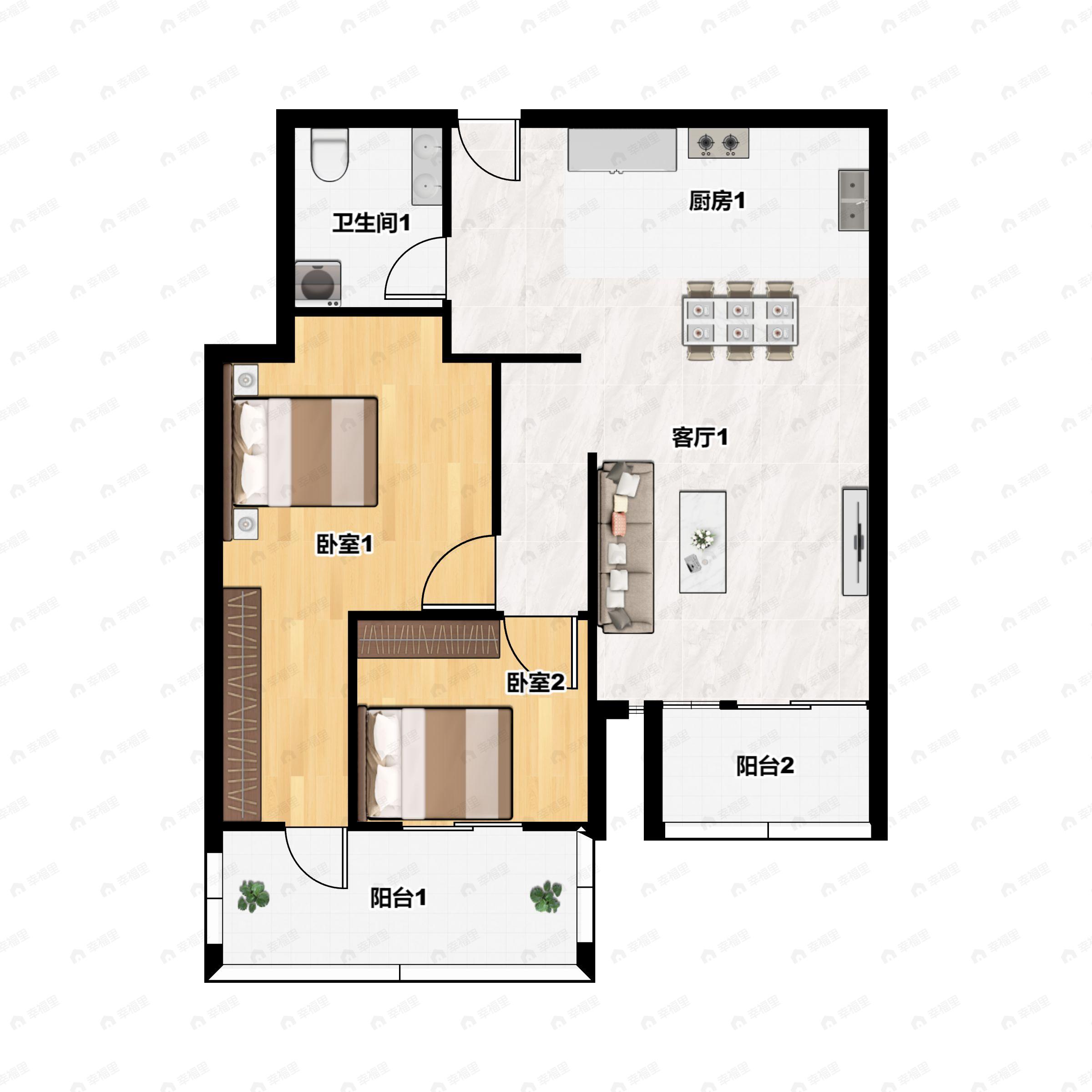 2室2厅1卫建面89m²南户型图