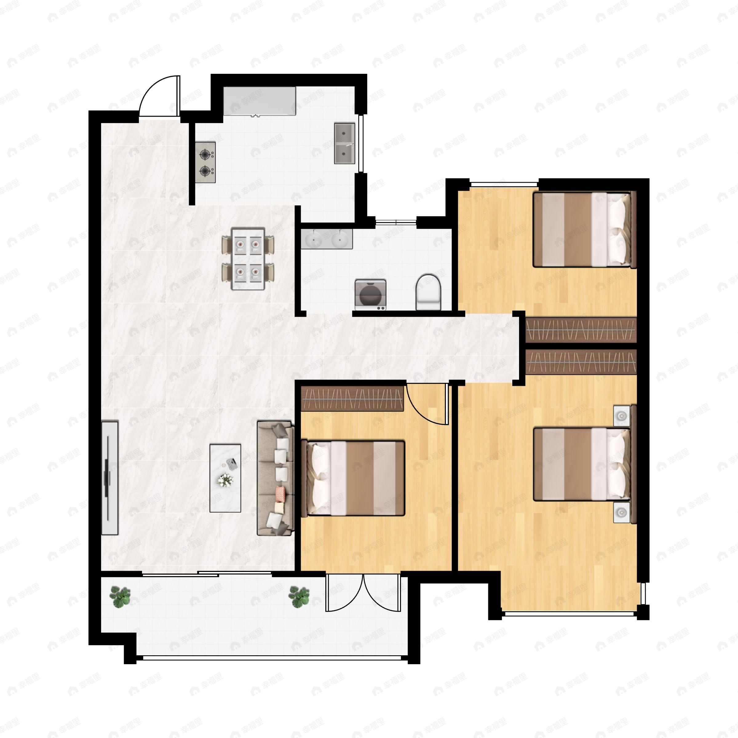 3室2厅1卫建面98m²南户型图