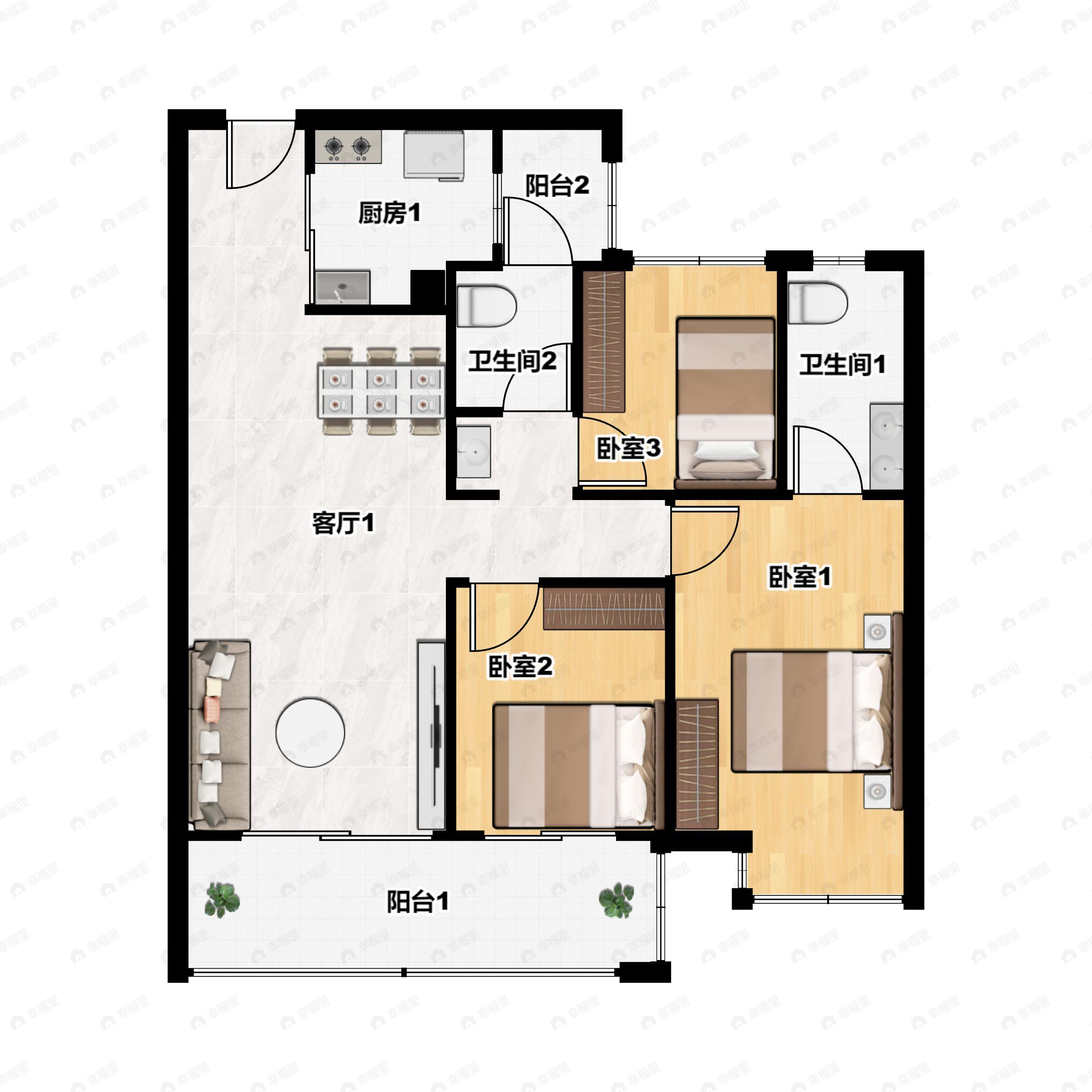 七彩国际社区3室2厅2卫户型图
