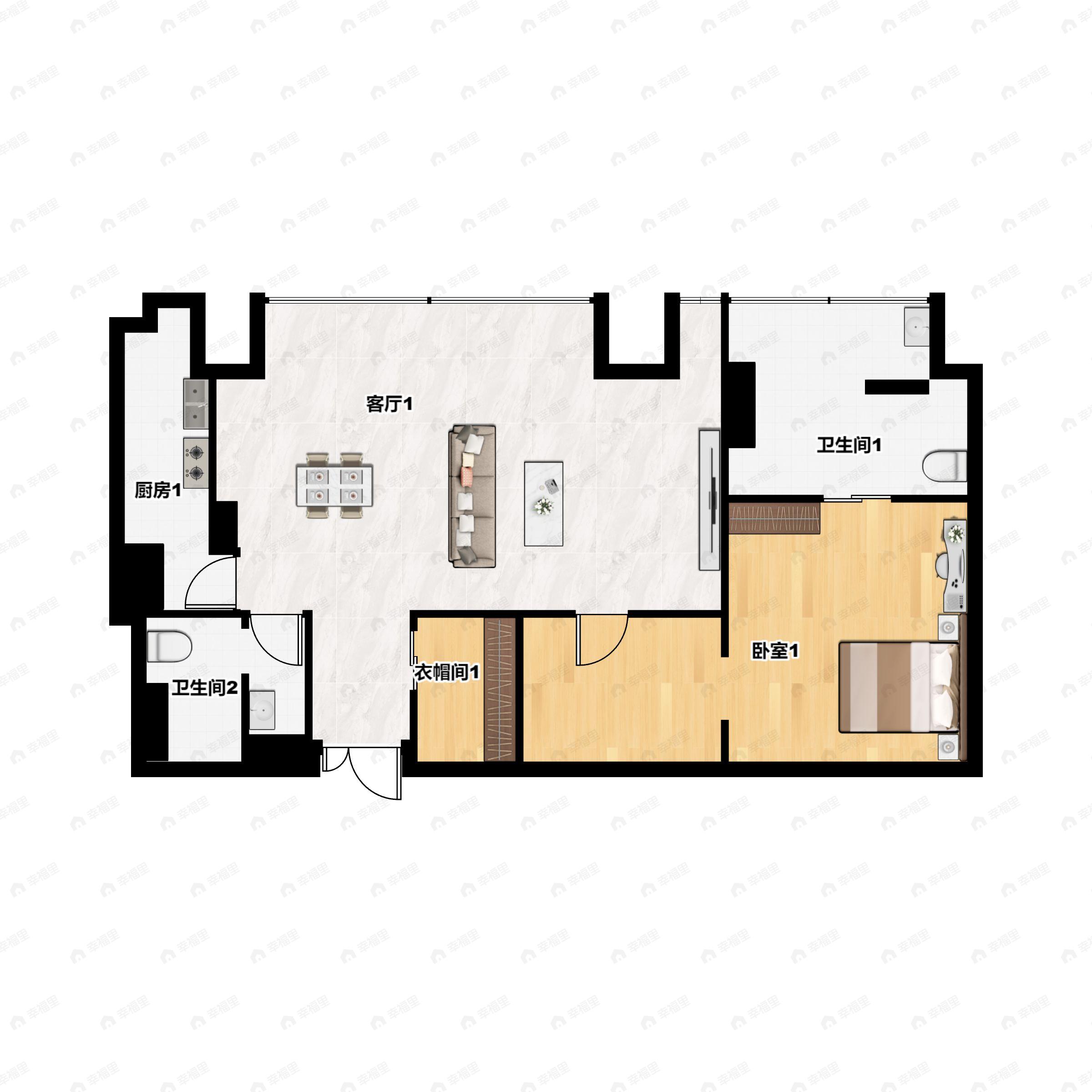 1室2厅2卫建面136平北户型图