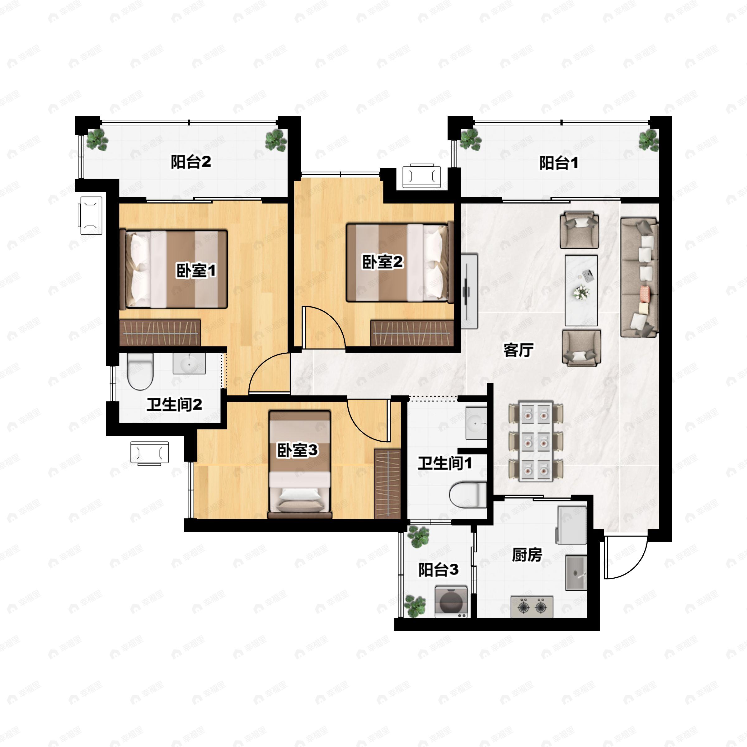 3室2厅2卫建面121平户型图
