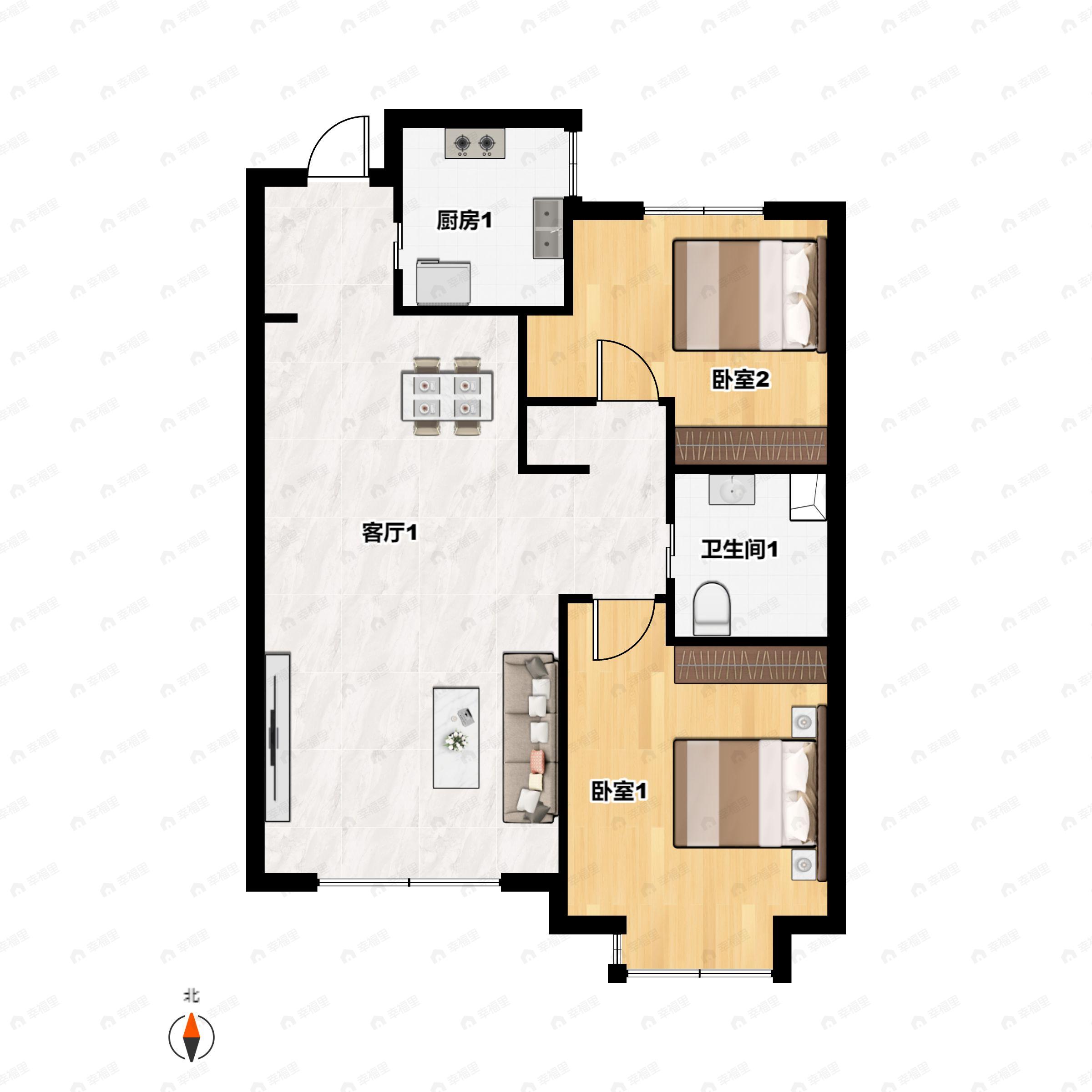 2室2厅1卫建面97m²南户型图