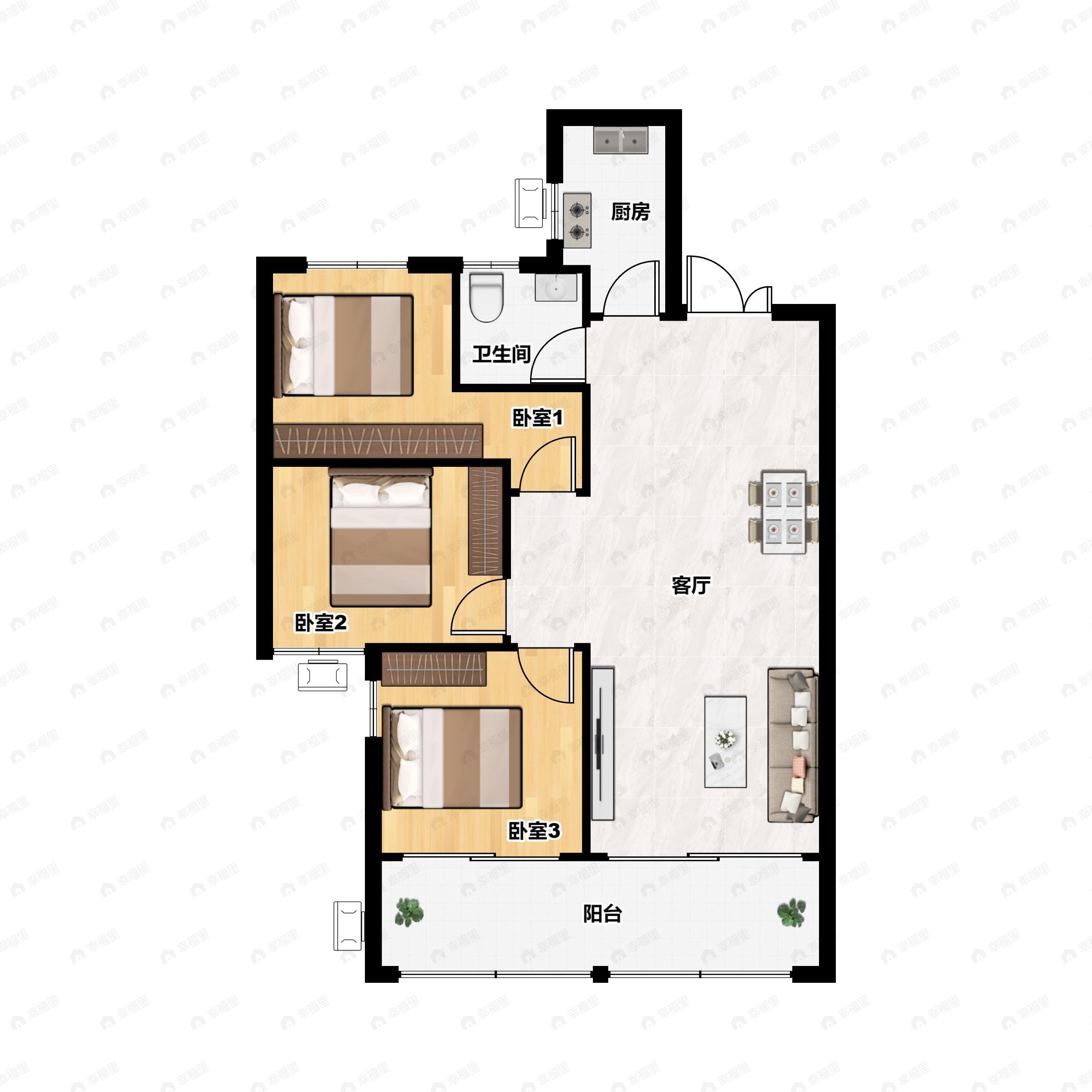 3室2厅1卫建面108平南户型图