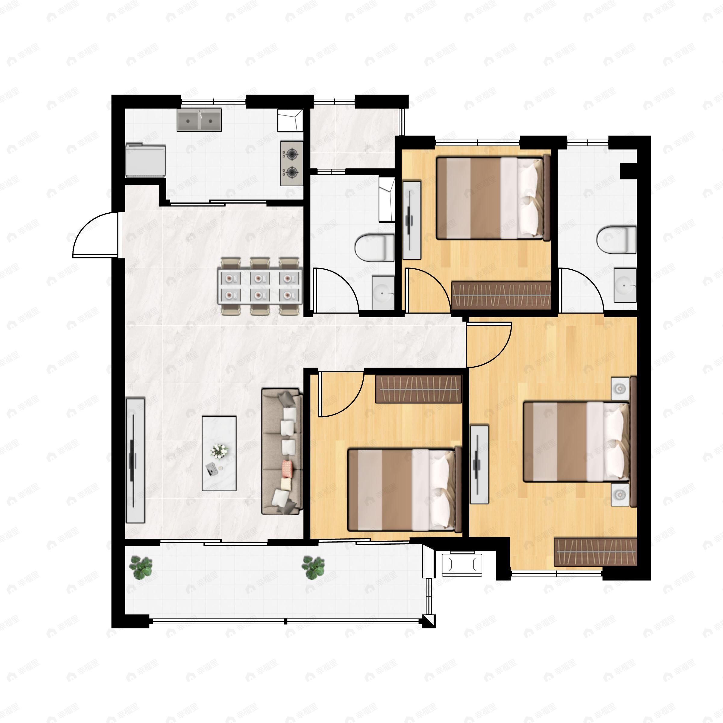3室2厅2卫建面105m²北|南户型图