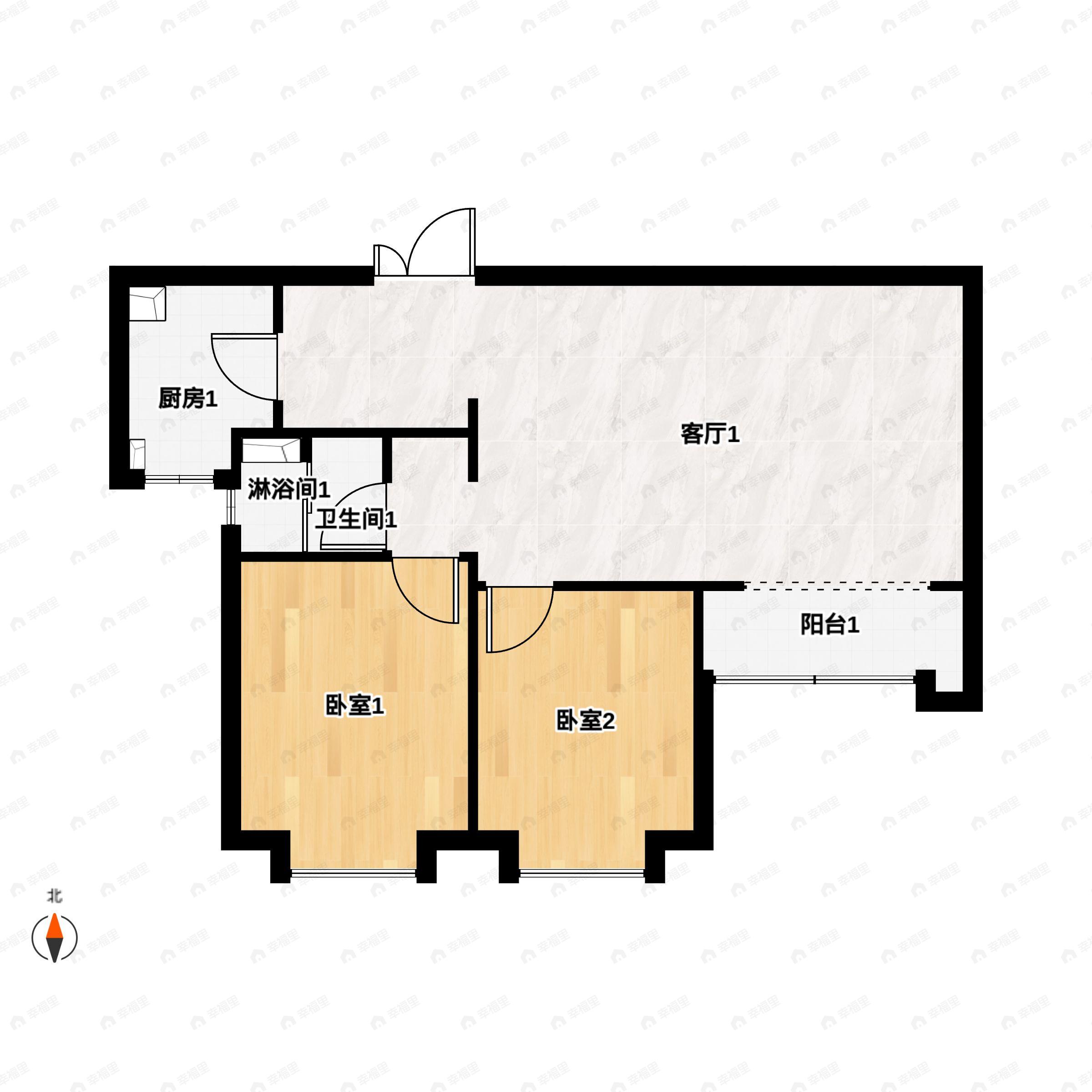 2室2厅1卫建面102m²南|北户型图