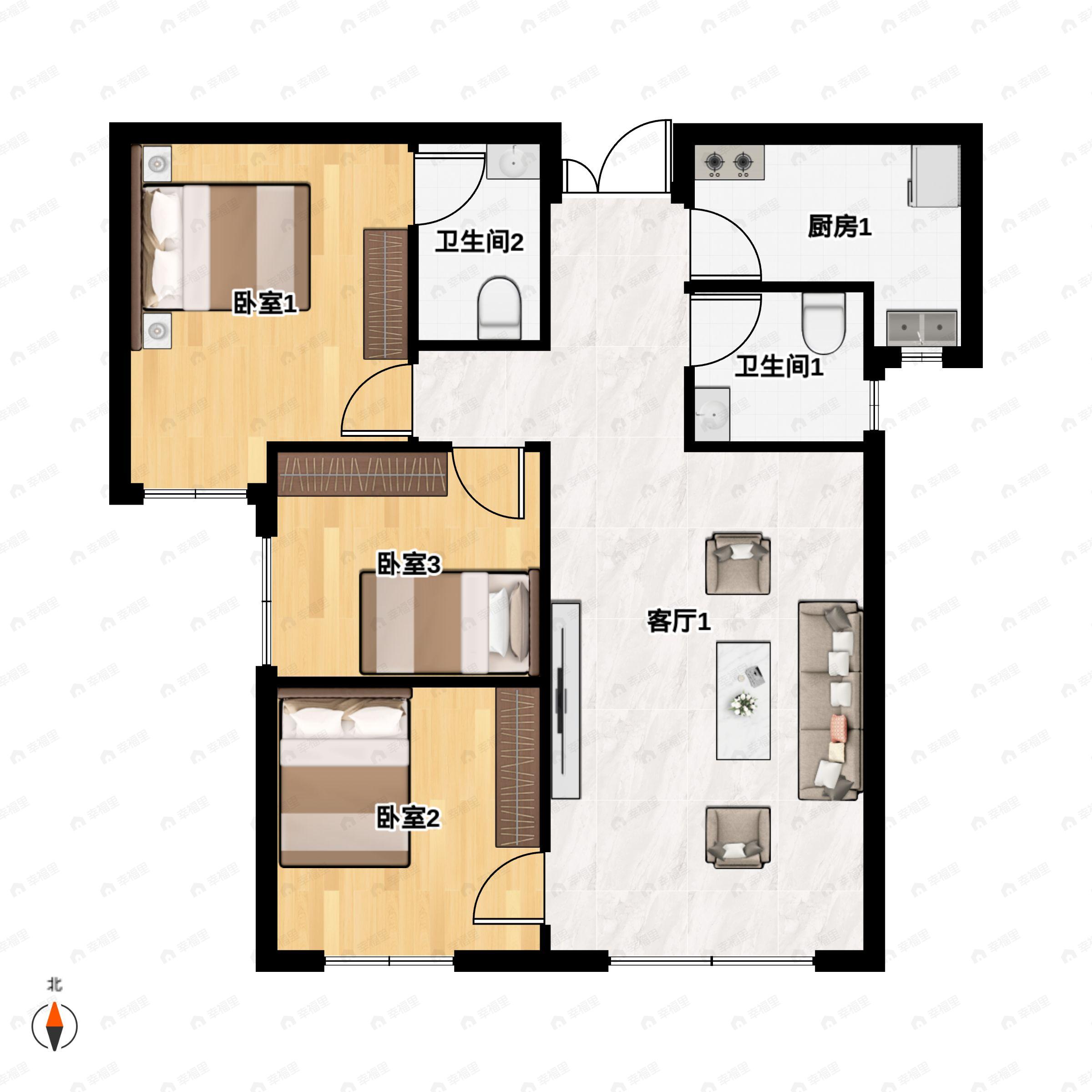 3室2厅2卫建面103平南户型图