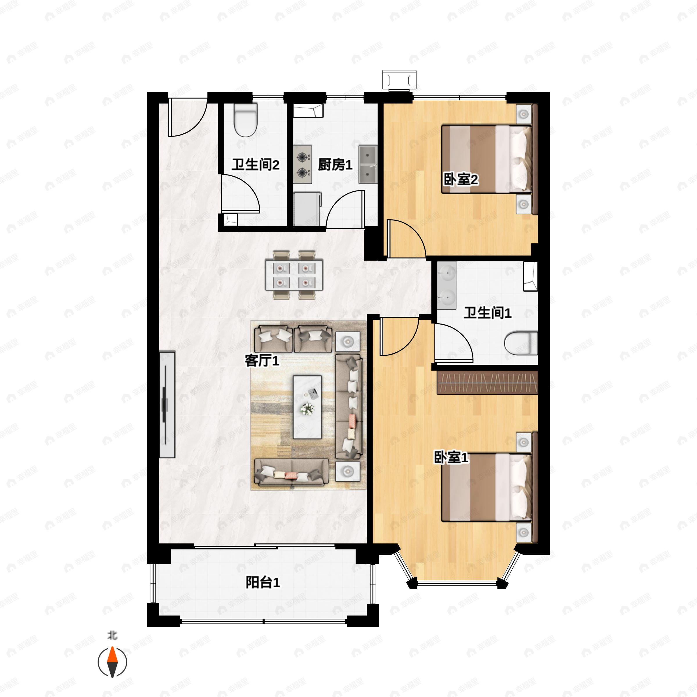 2室2厅2卫建面101m²南户型图