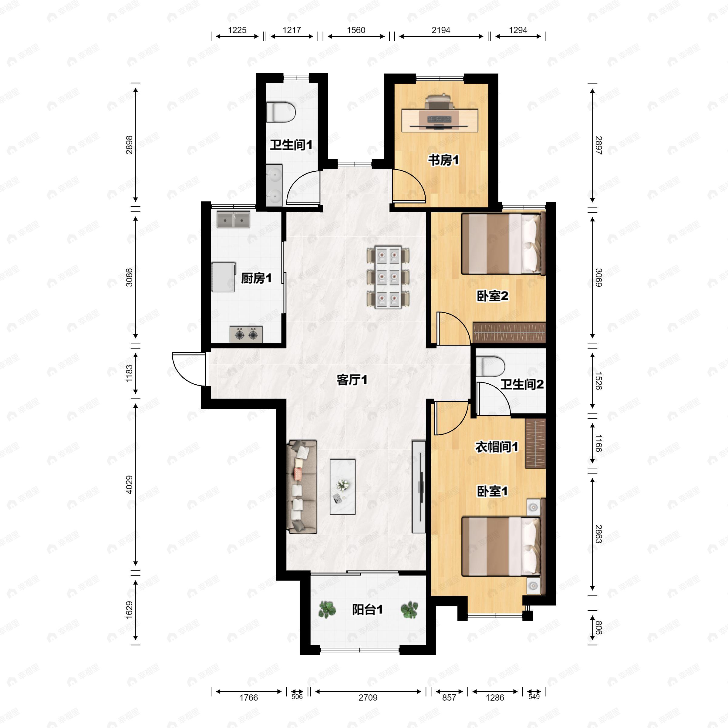 3室2厅2卫建面133平南户型图