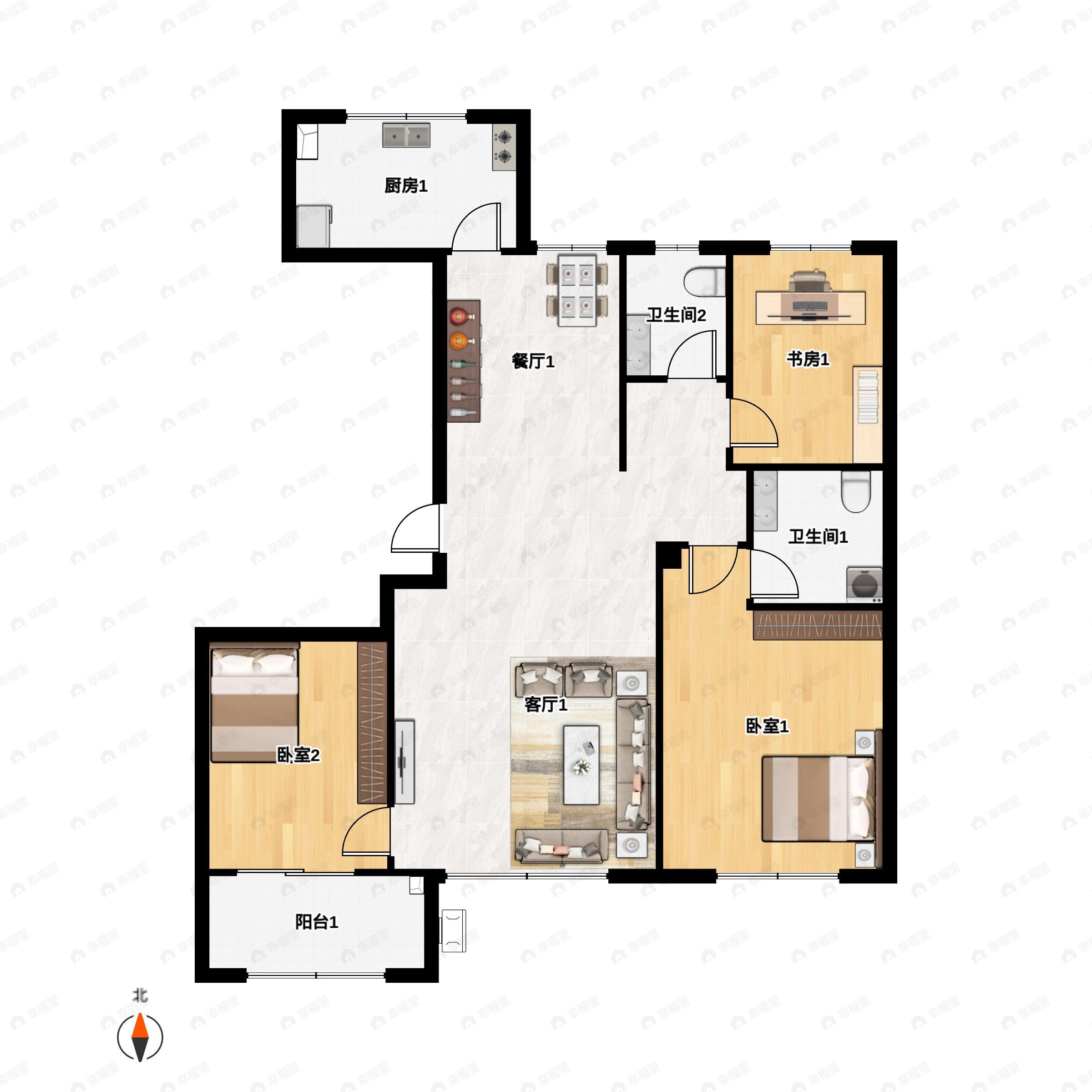 3室2厅2卫建面119平南|北户型图