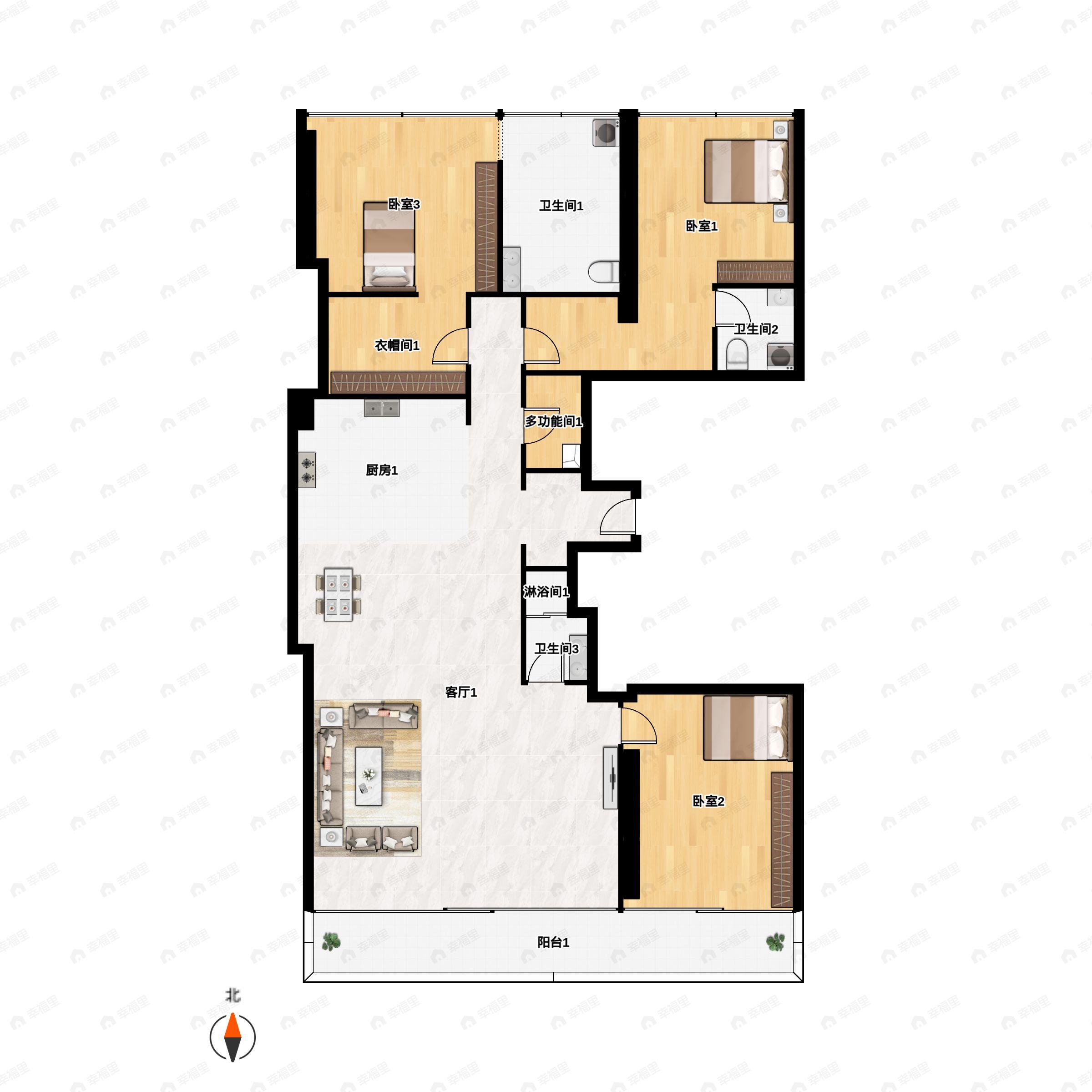 3室2厅3卫建面312平户型图