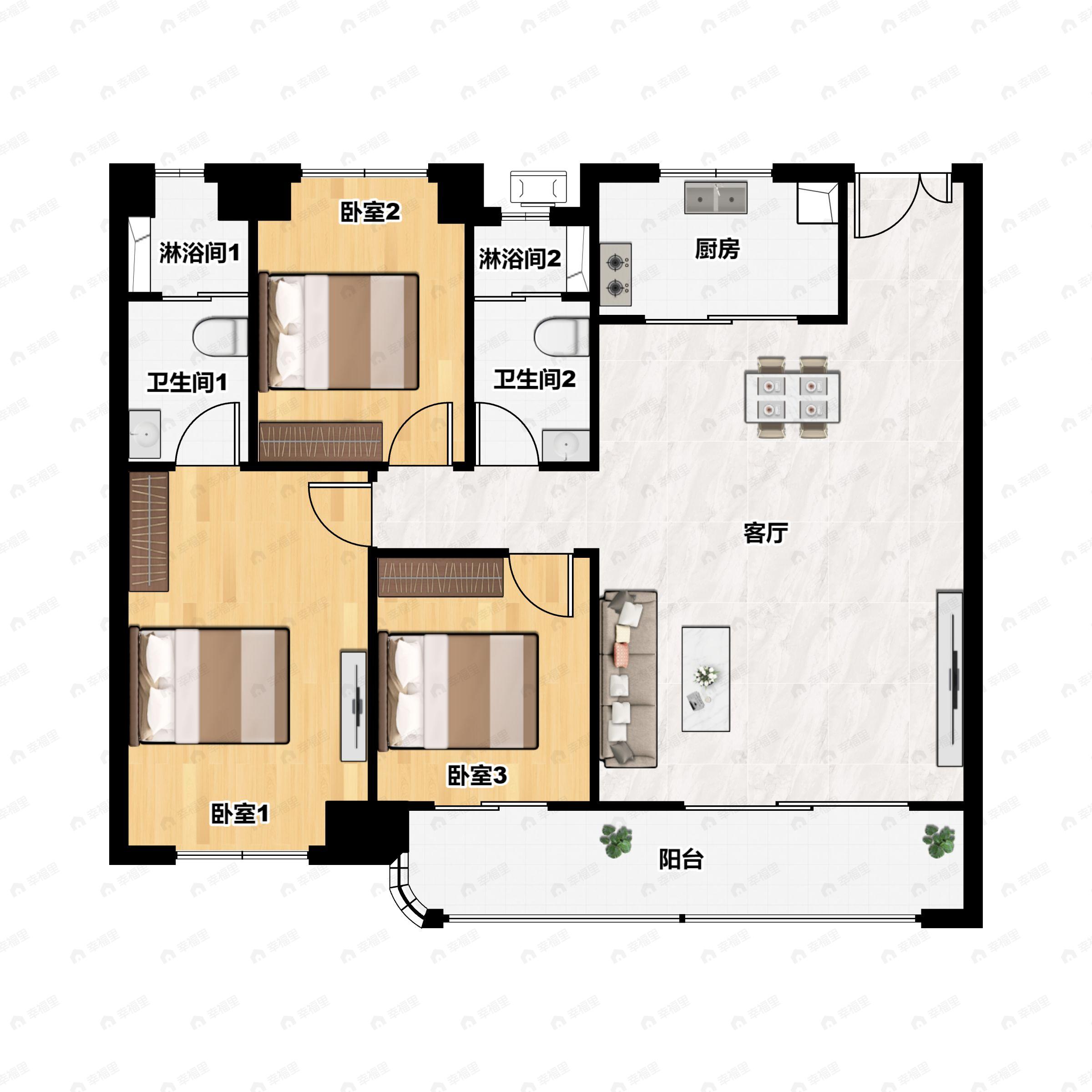 3室2厅2卫建面138m²北|南户型图