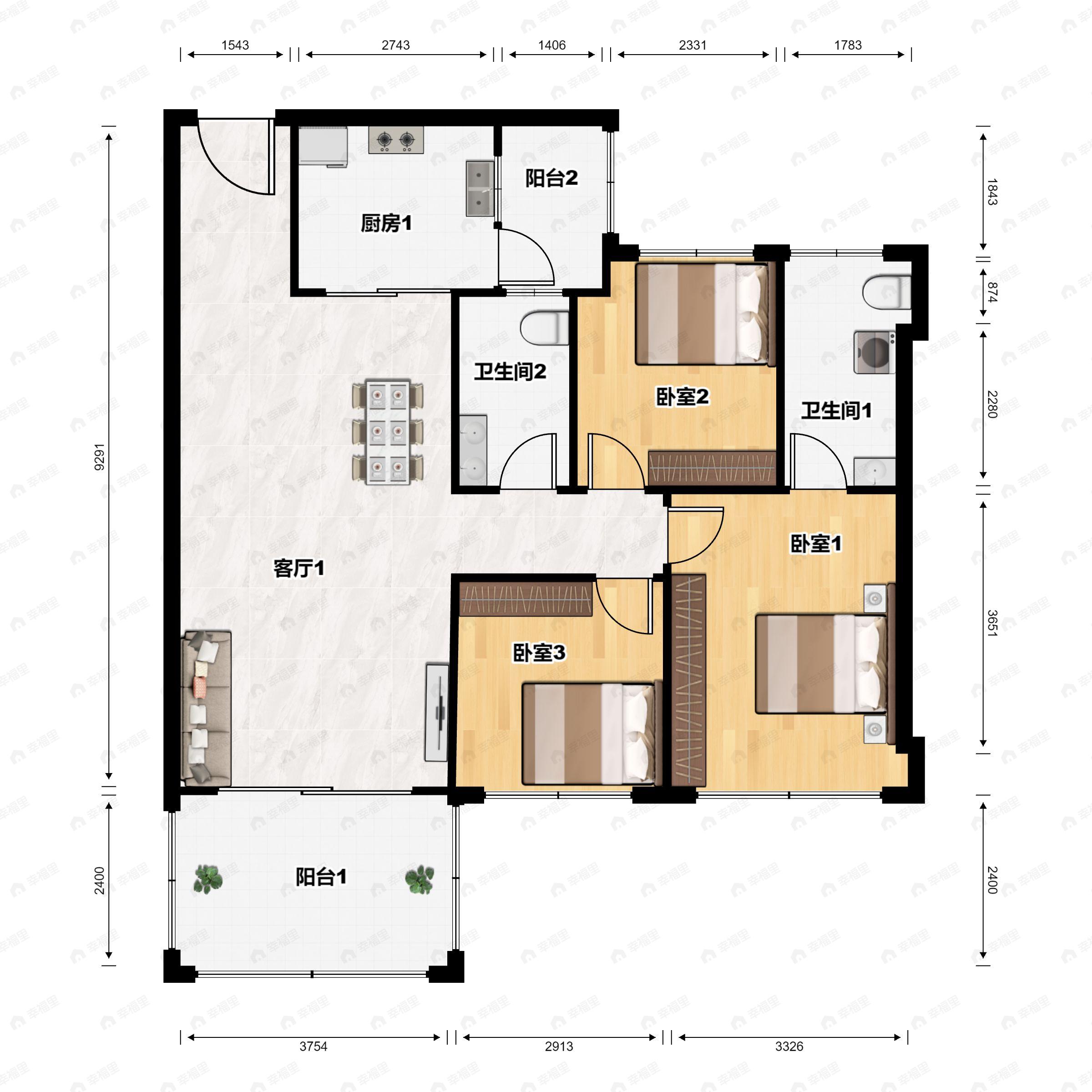 3室2厅2卫建面109平户型图