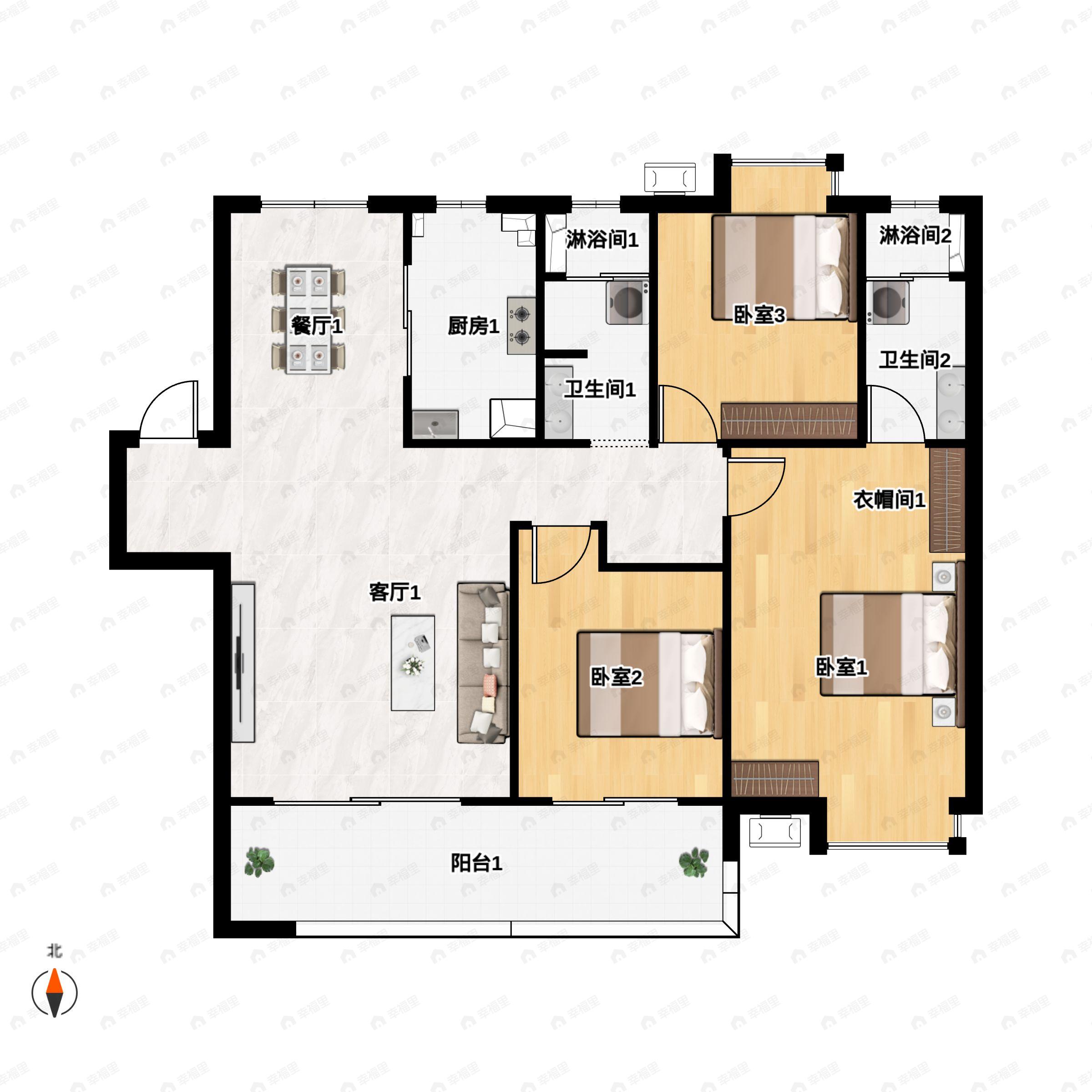 3室2厅2卫建面125平南户型图