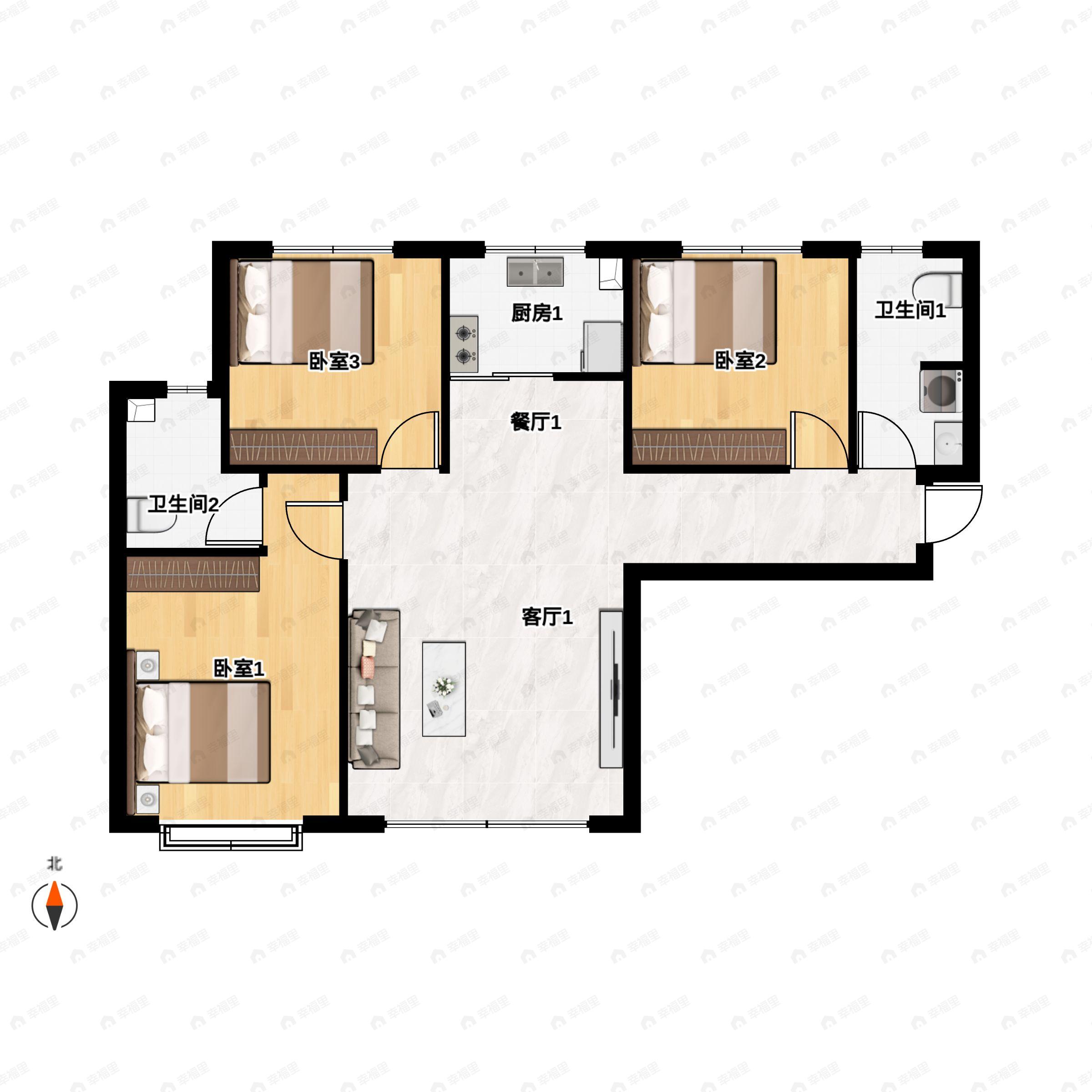 3室2厅2卫建面110平南|北户型图