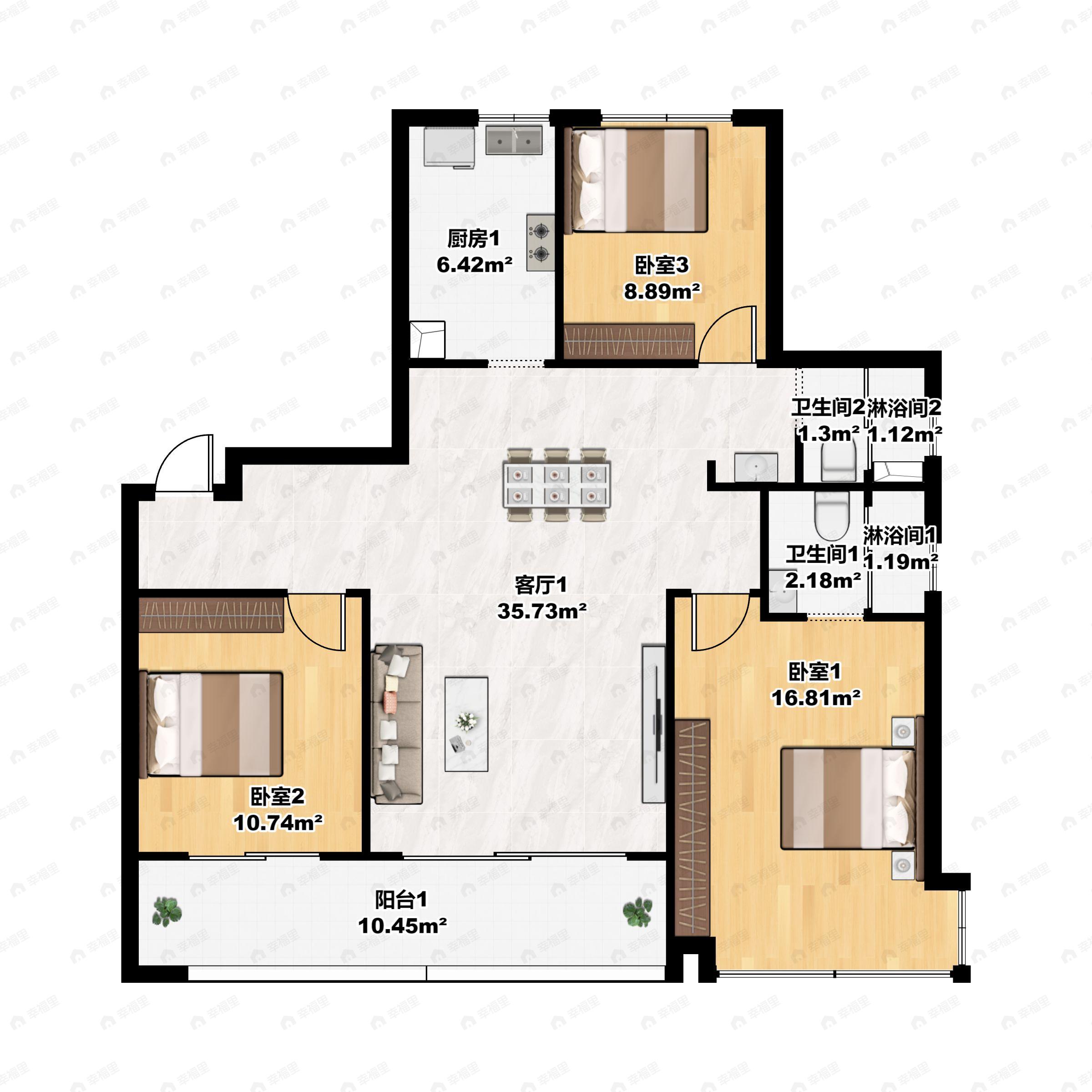 3室2厅2卫建面120平户型图