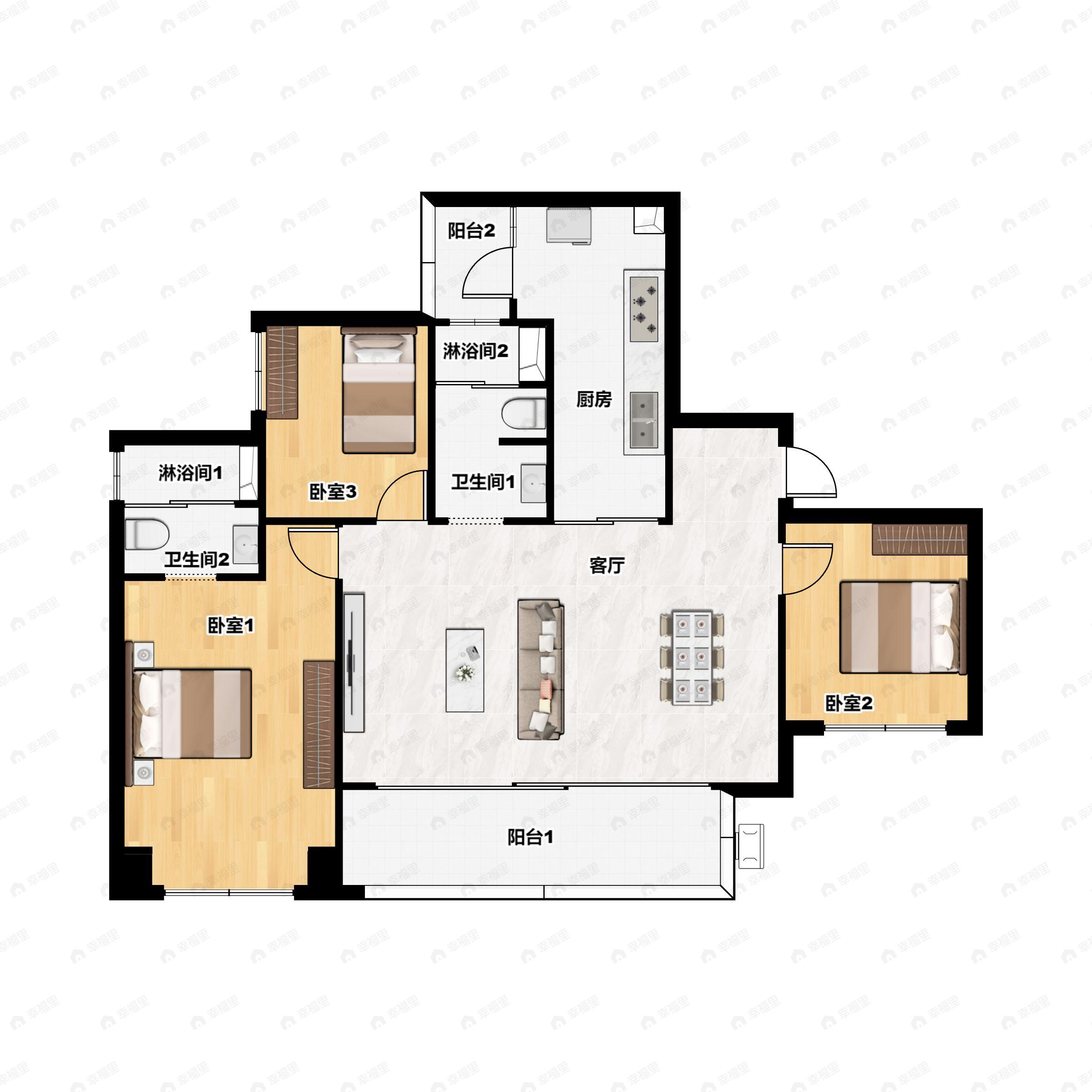 3室2厅2卫建面111平户型图