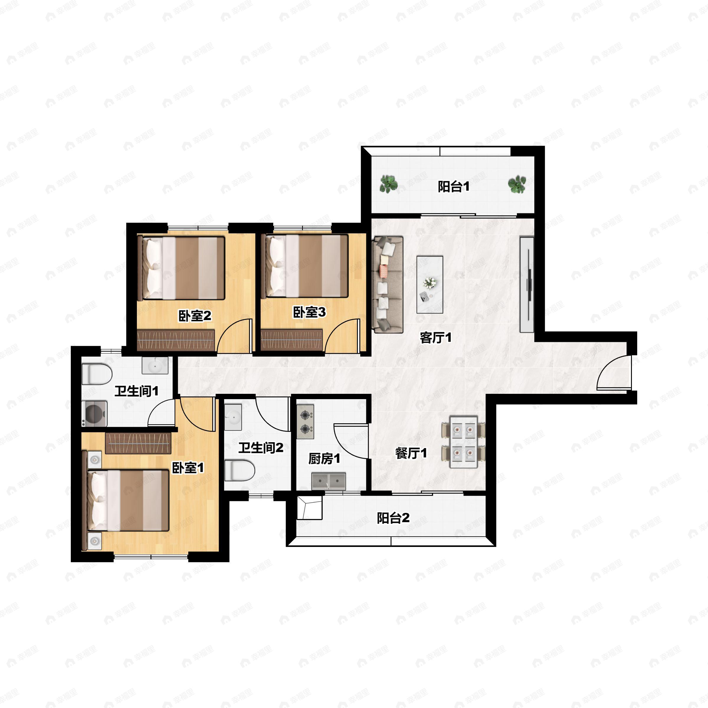 3室2厅2卫建面118m²南户型图