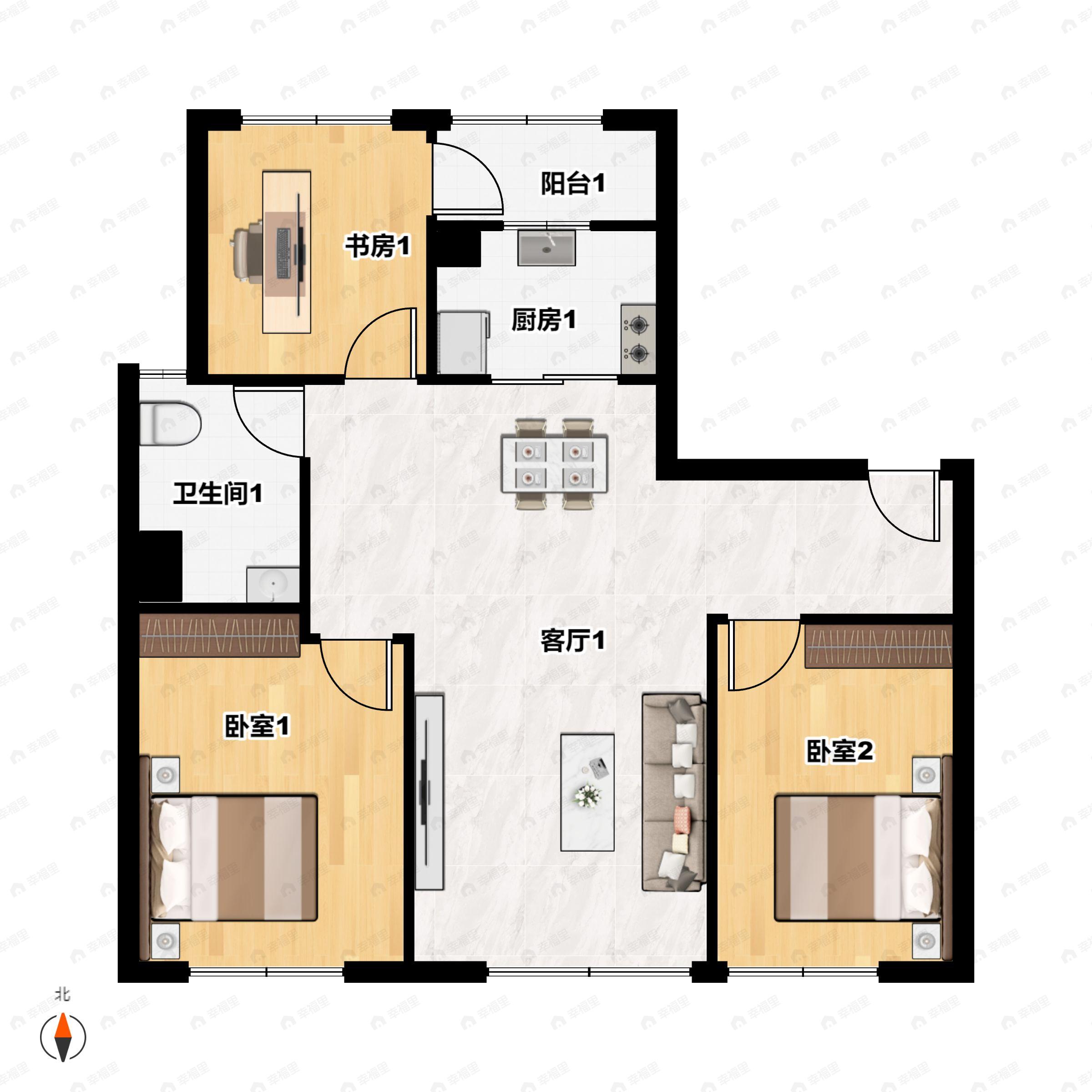 3室2厅1卫建面99m²南|北户型图