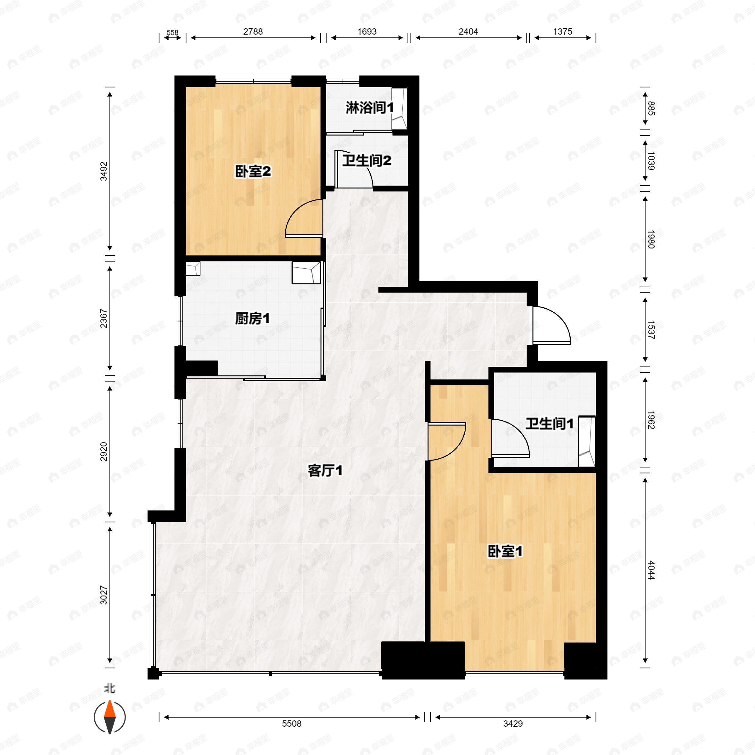 2室2厅2卫建面106平南|北户型图