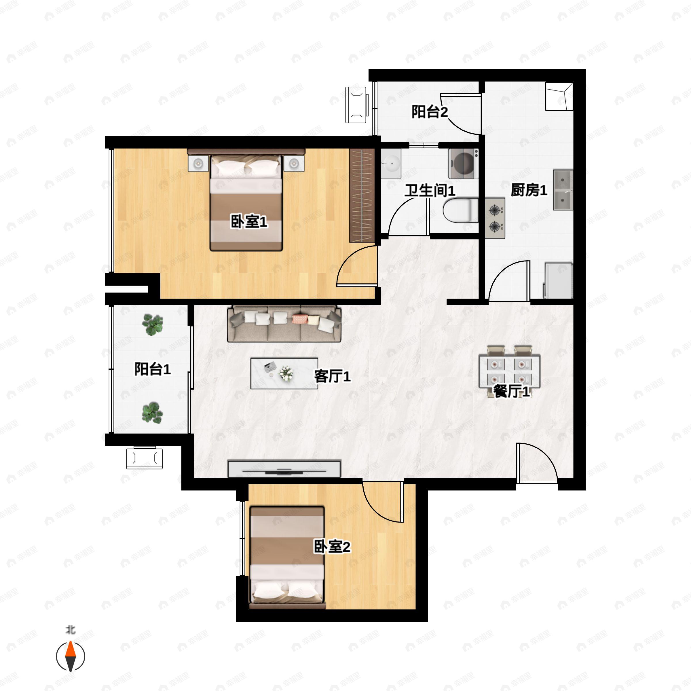 1室2厅1卫建面73平户型图