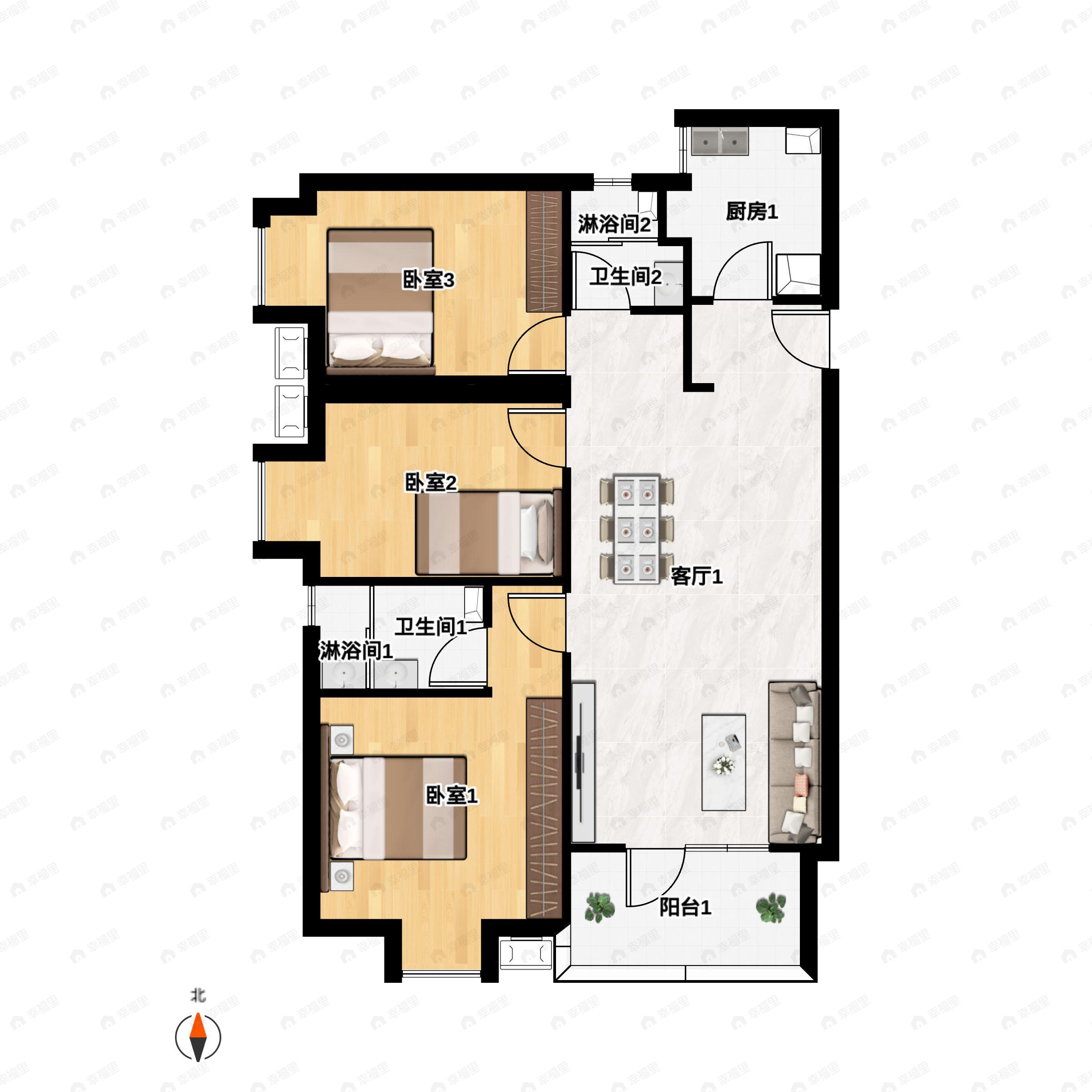 3室2厅2卫建面121平户型图