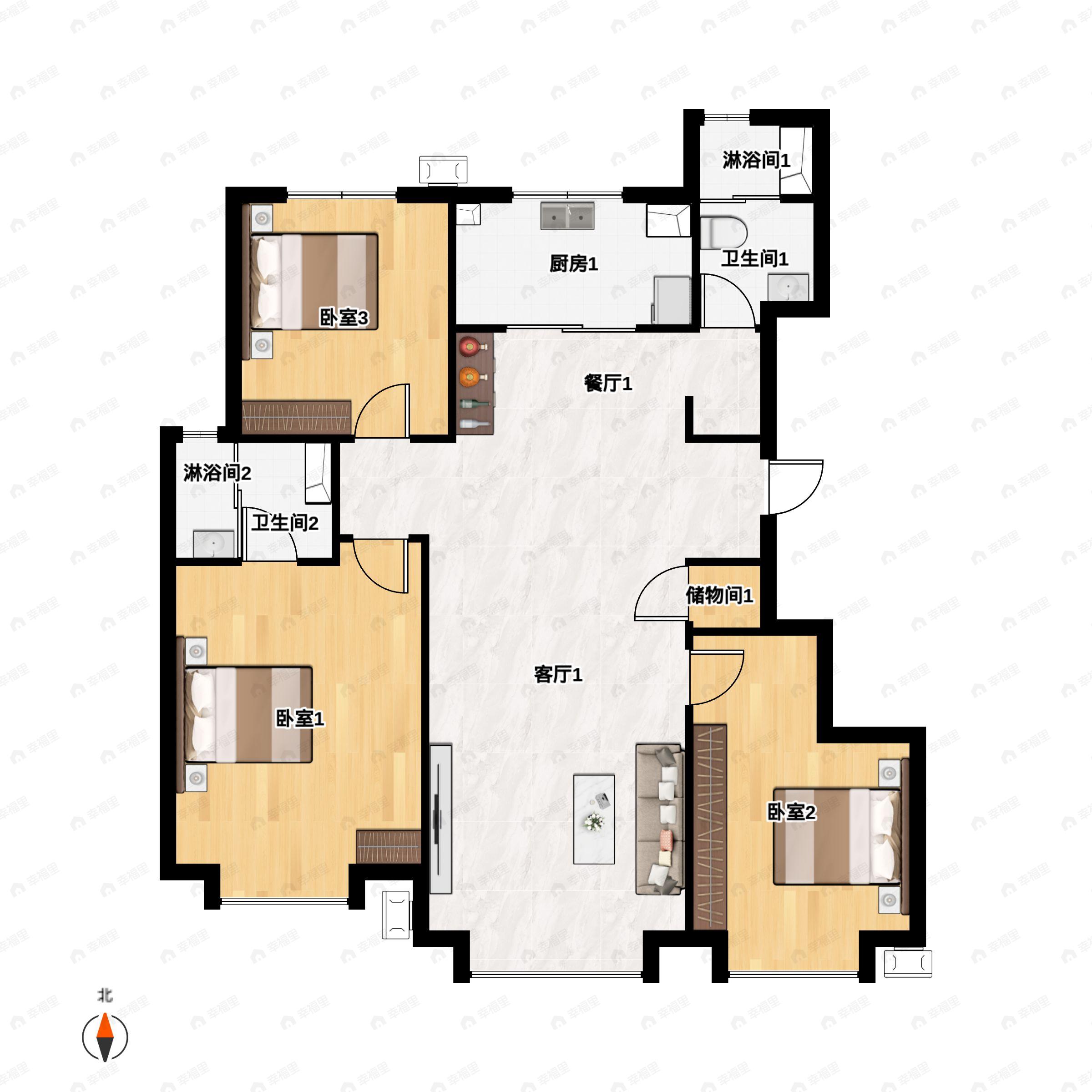 3室2厅2卫建面115m²南|北户型图