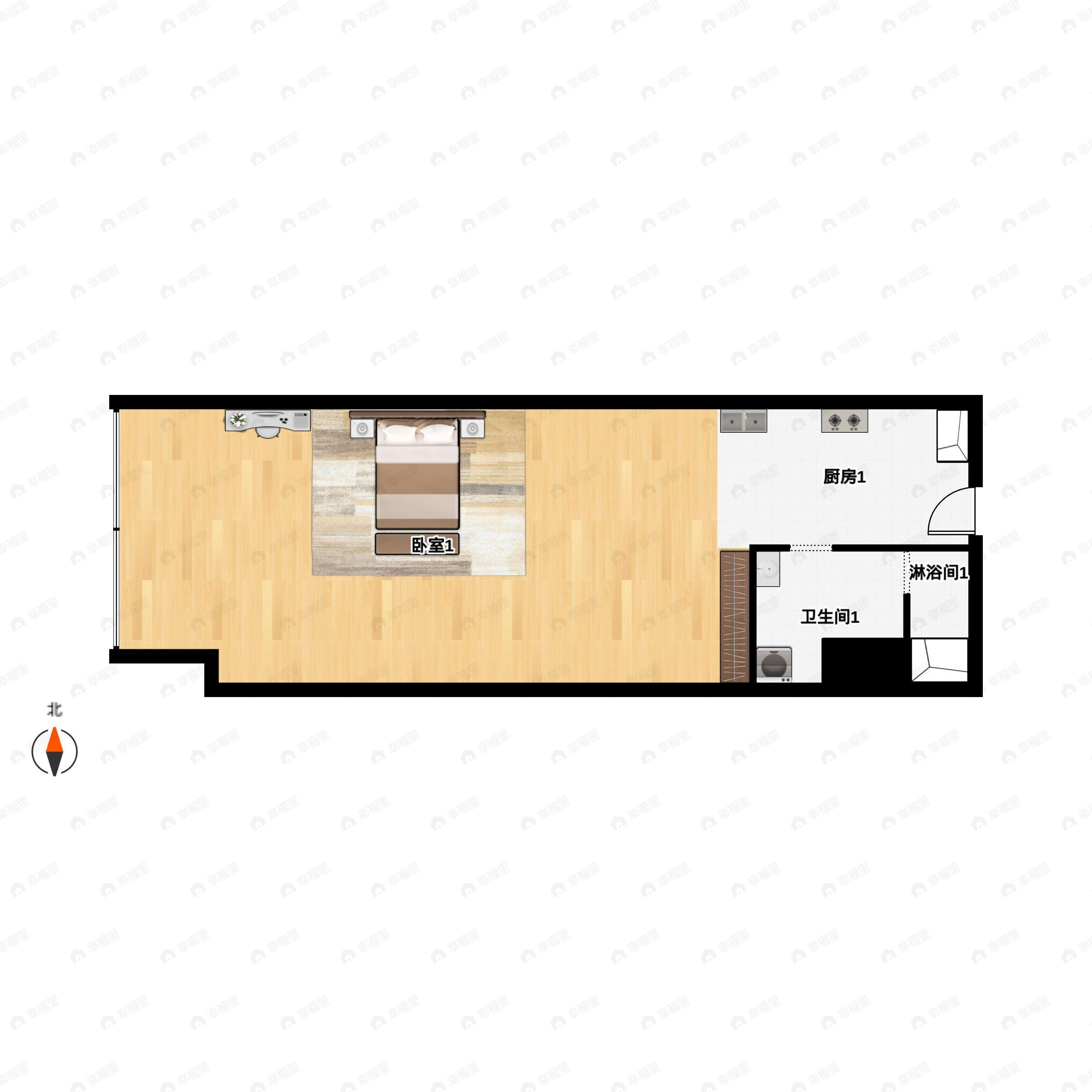 1室2厅1卫建面45m²东南|西北户型图