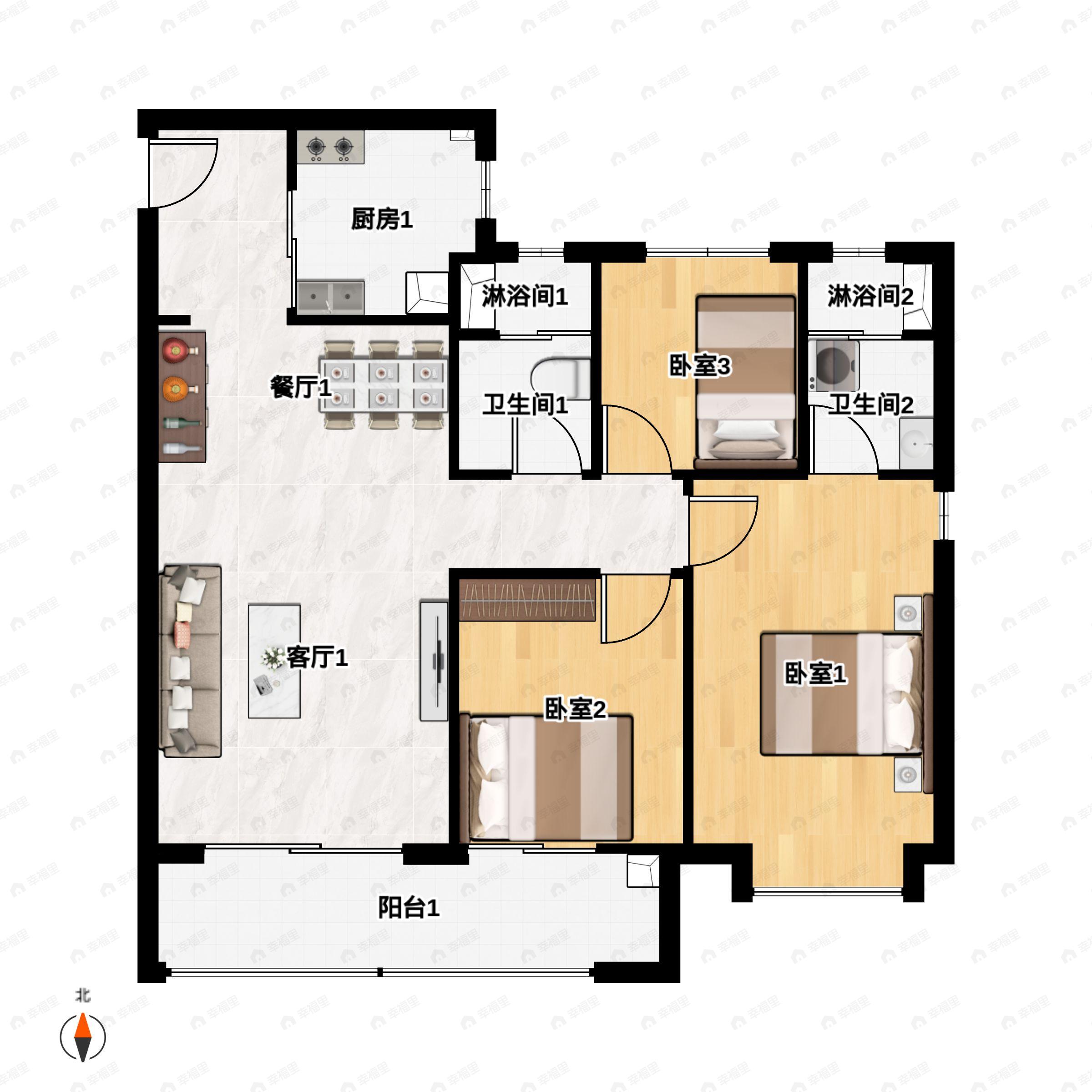 3室2厅2卫建面106m²南户型图
