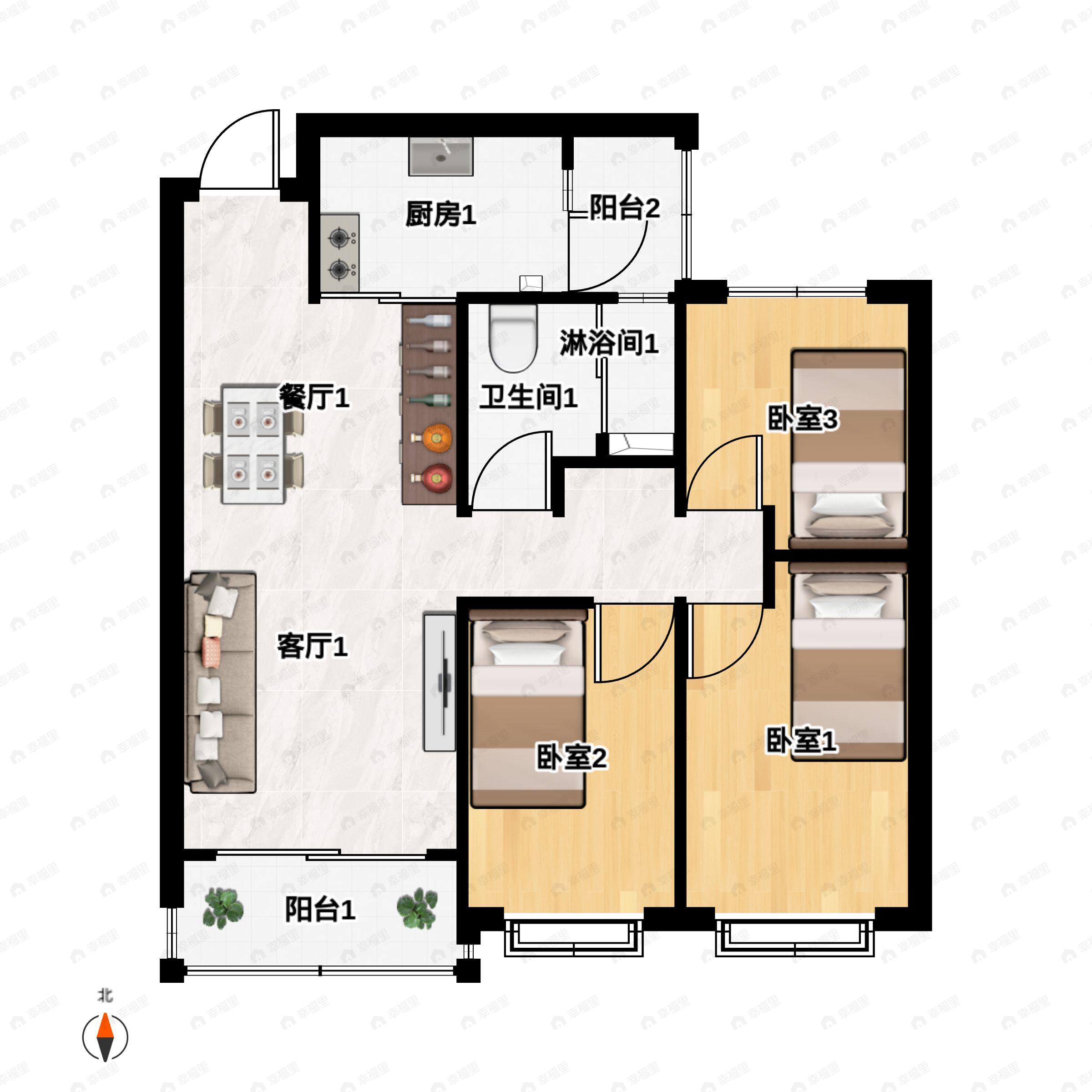 3室2厅1卫建面120平户型图