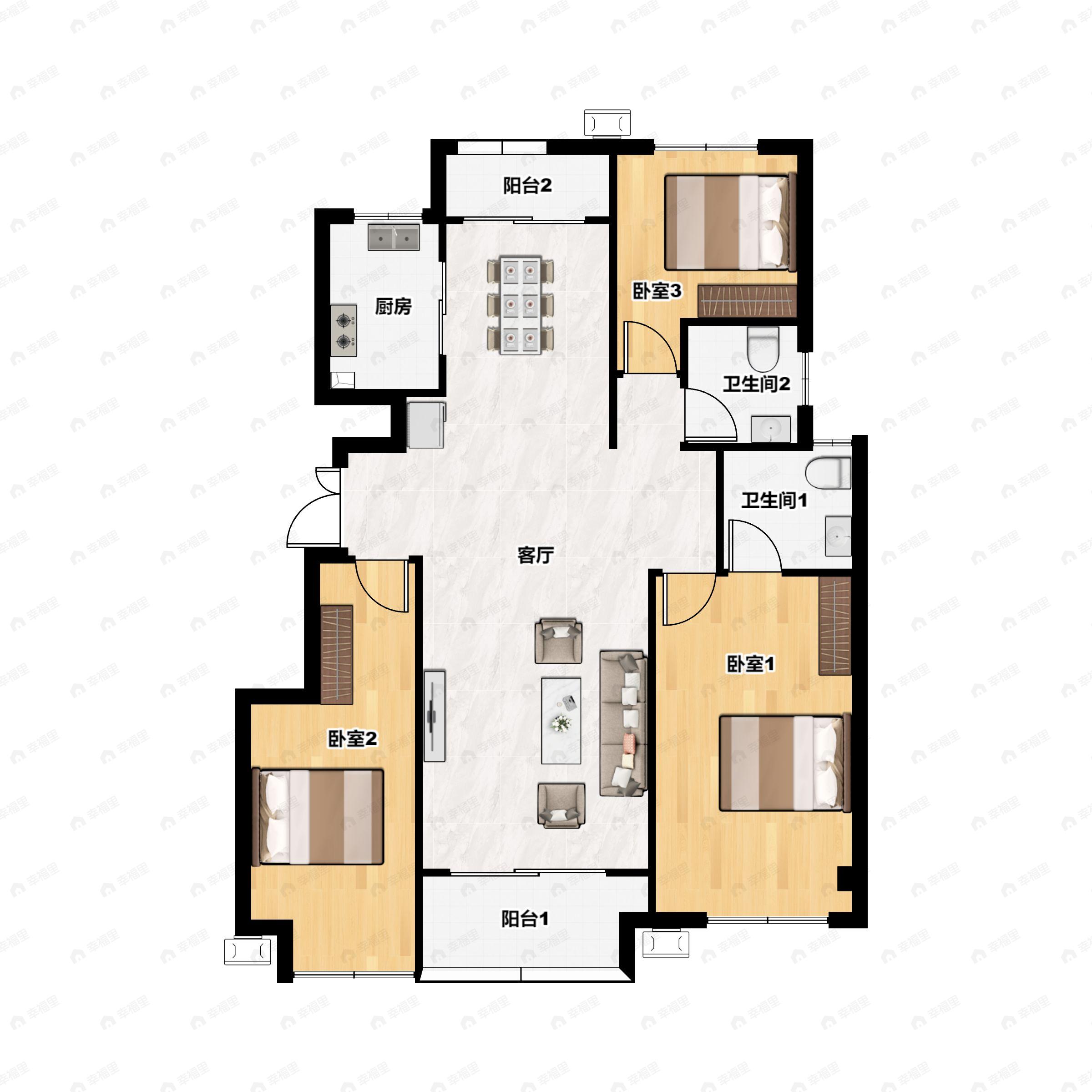 3室2厅2卫建面132平南户型图