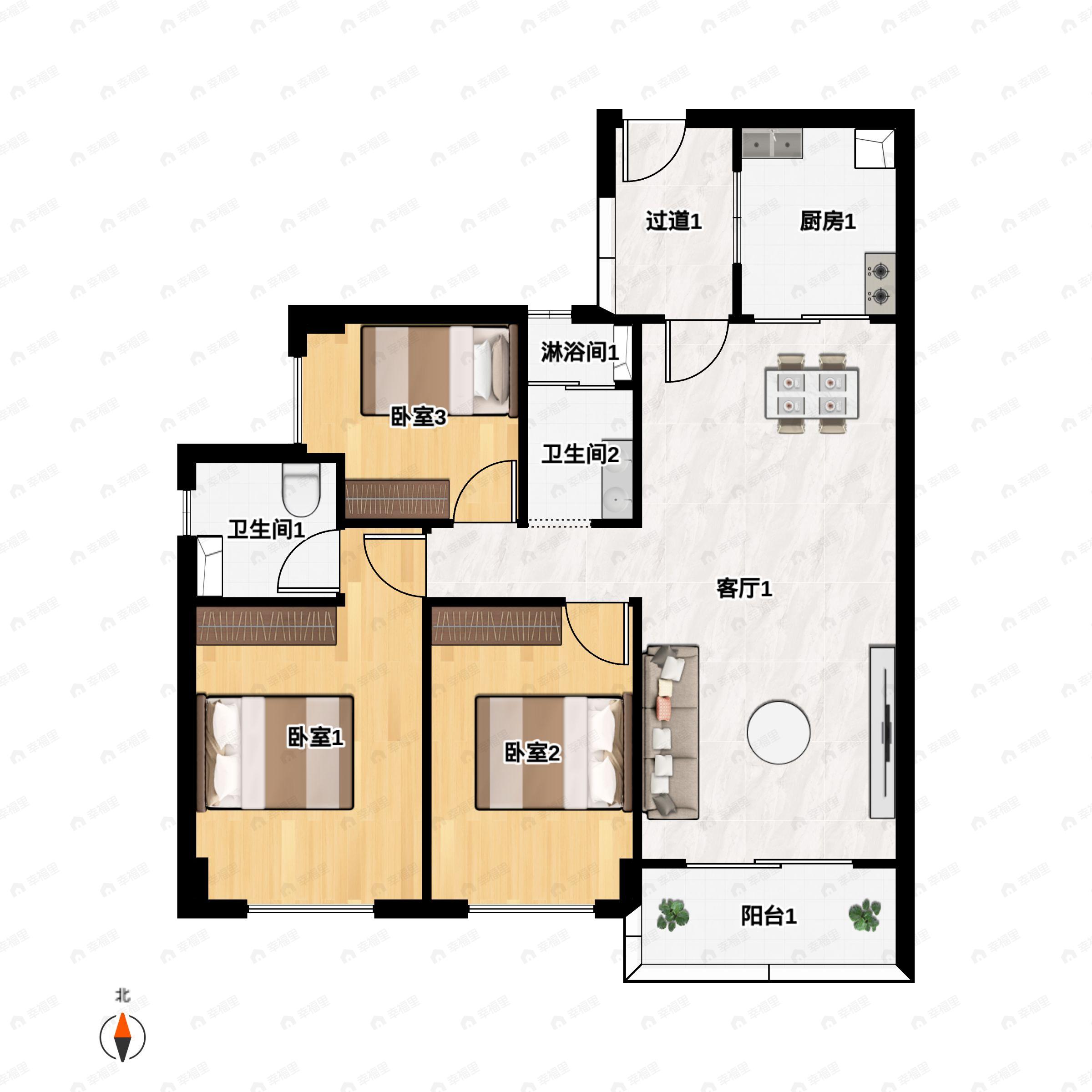 3室2厅2卫建面106m²南户型图