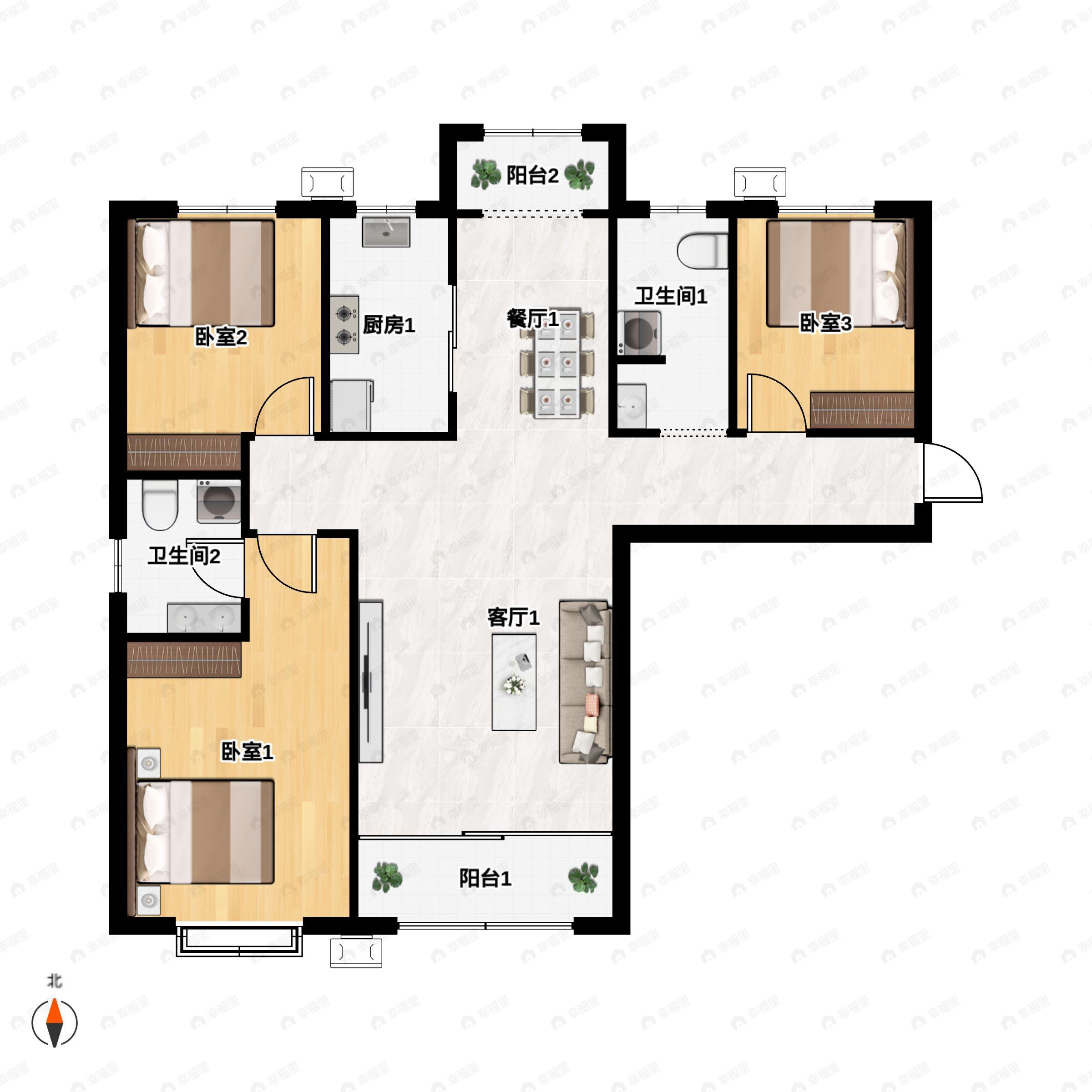 3室2厅2卫建面136平北|南户型图