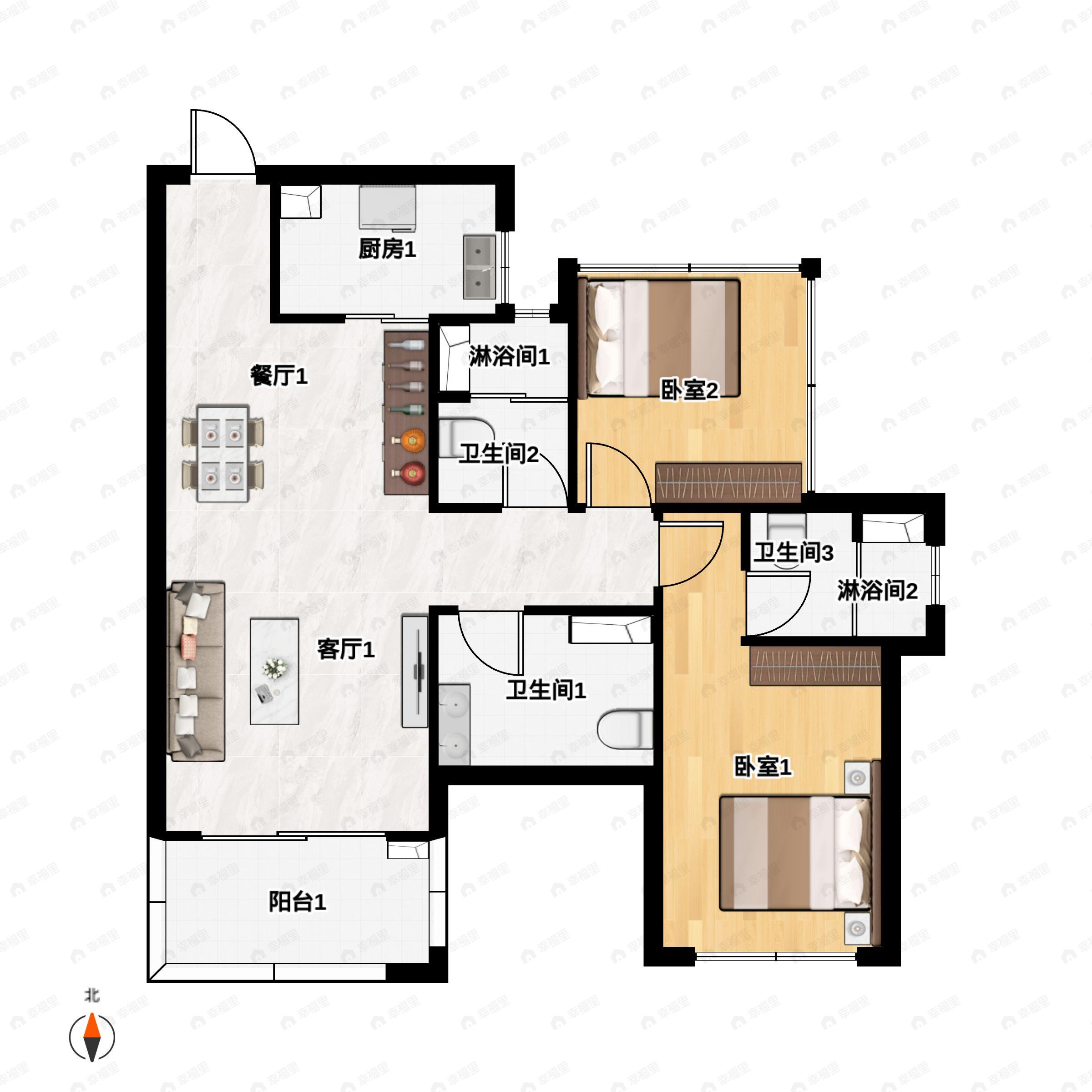 2室2厅1卫建面89平户型图