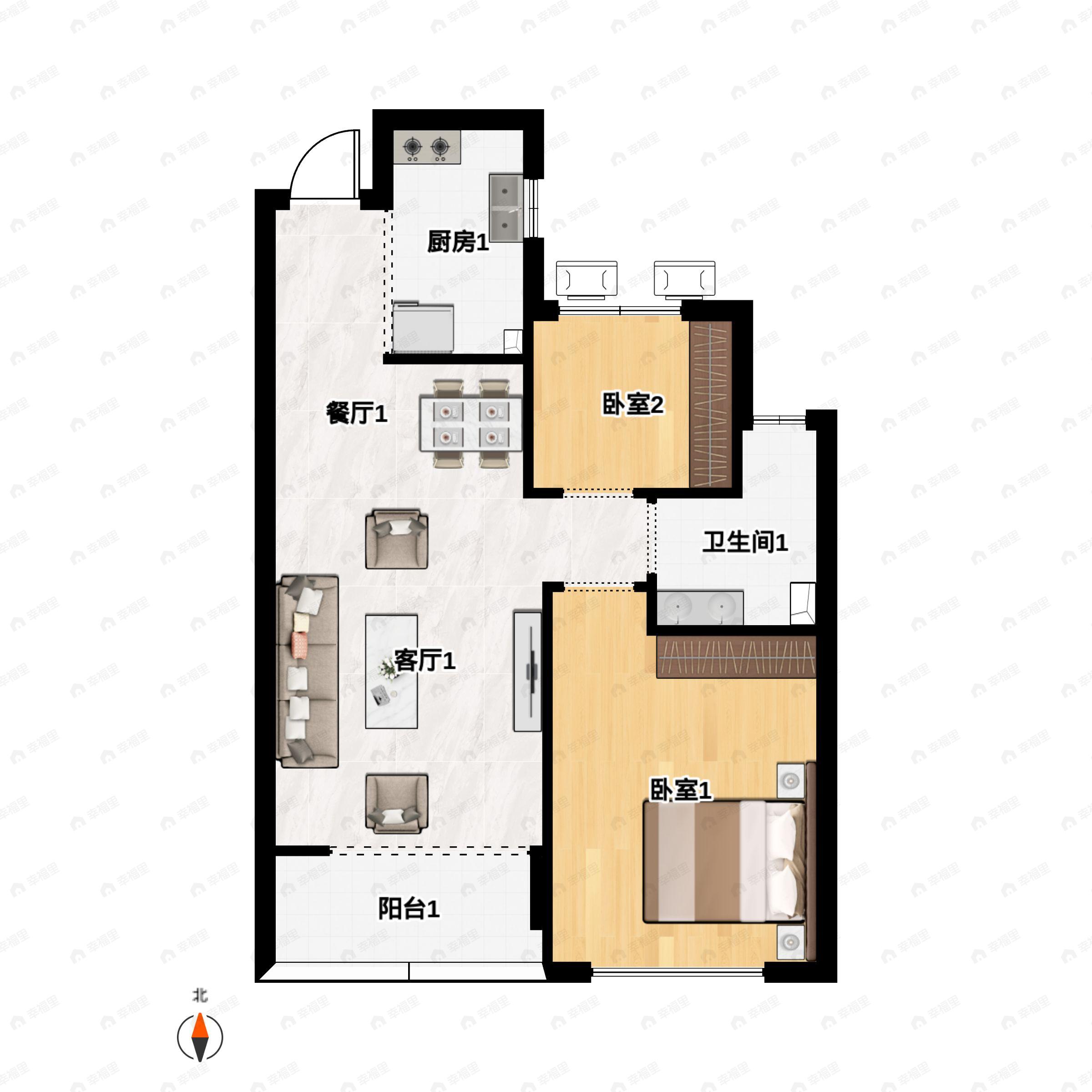 2室2厅1卫建面73m²南户型图
